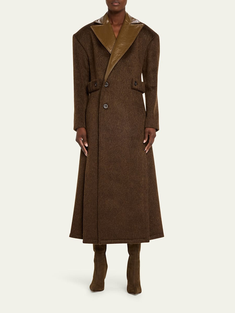 zomer Shiny-Leather Lapels Double-Breasted Faux-Fur Trench Coat outlook