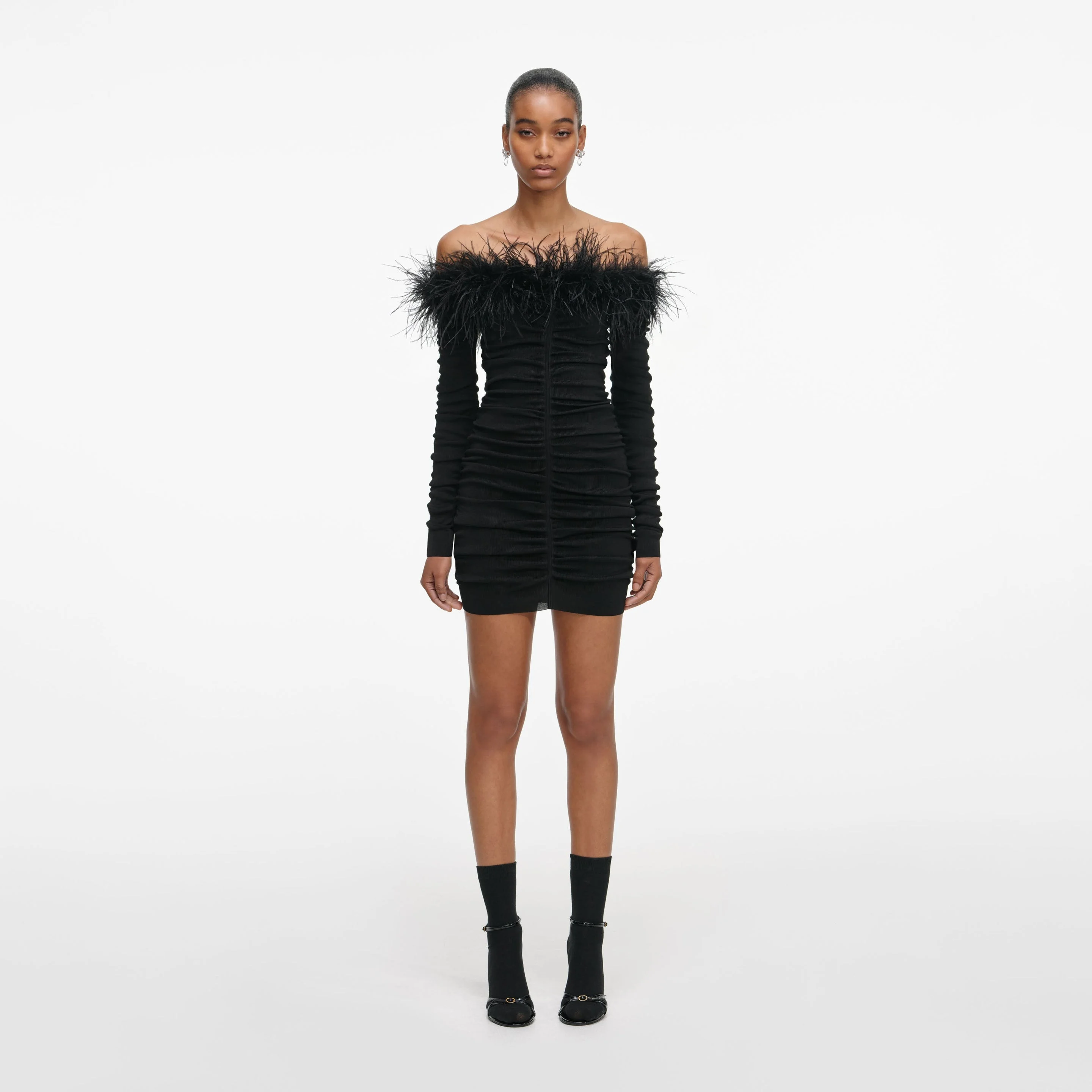 Black Feather Viscose Knit Mini Dress - 1