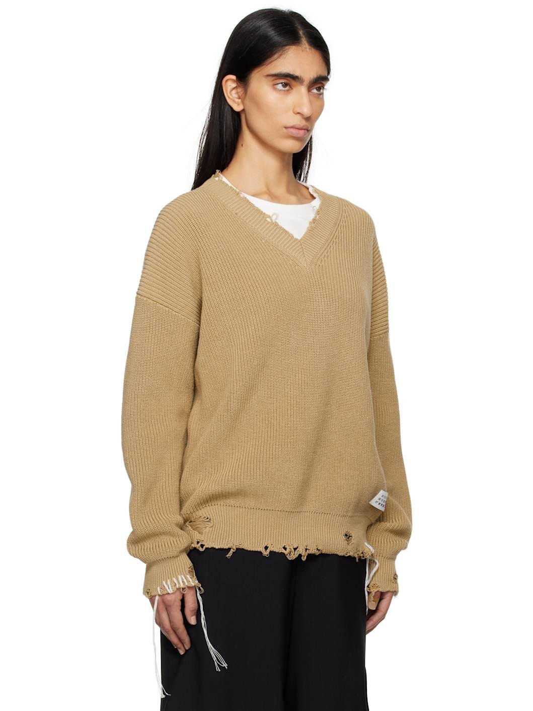 Beige Eaten Knit V-Neck Sweater - 2