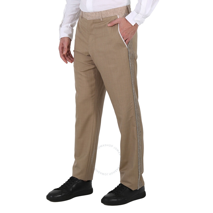 Burberry Men's Pecan Melange English Fit Crystal Embroidered Technical Linen Trousers, Brand Size 48 - 3