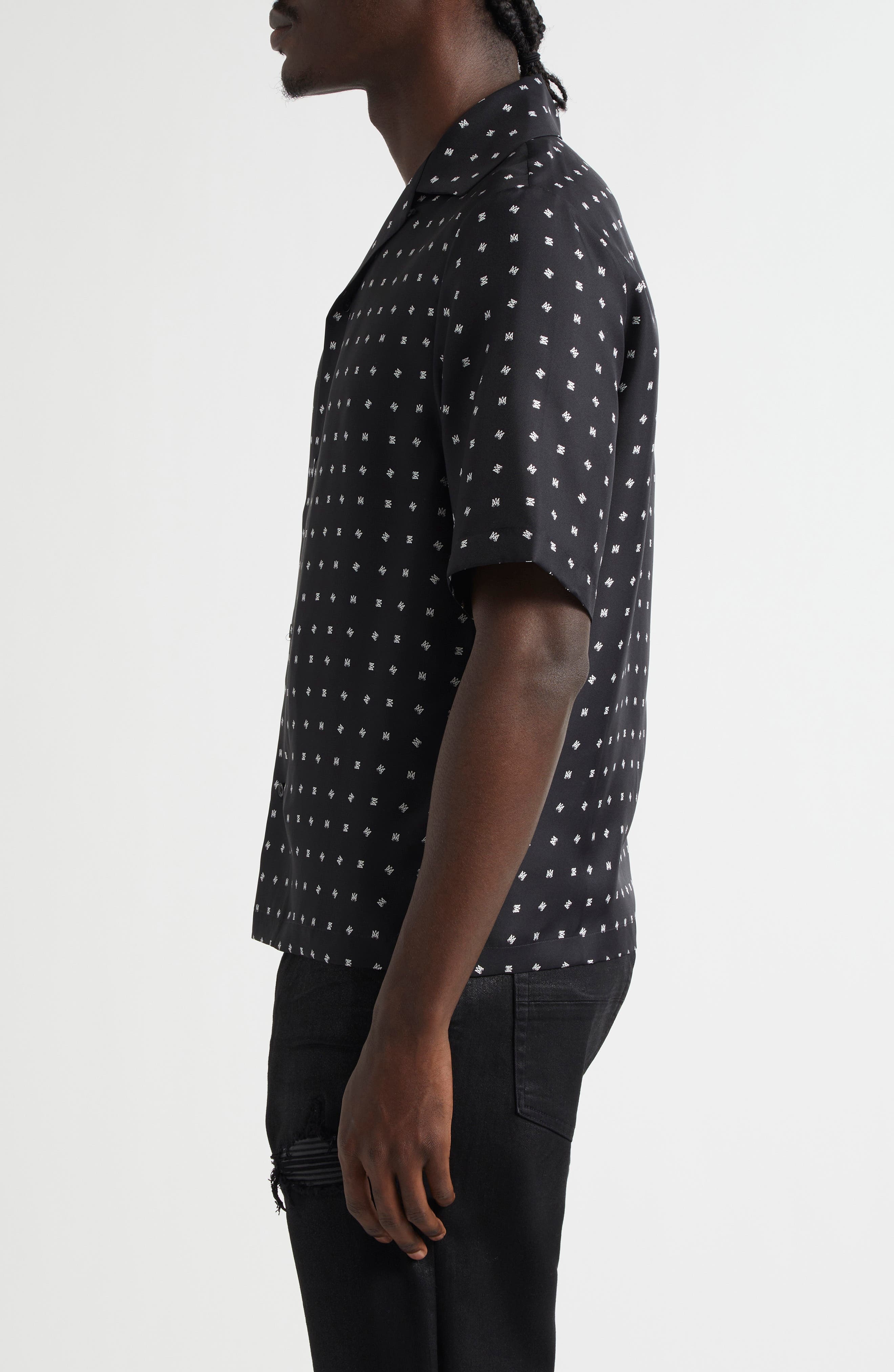 AMIRI Mix & Match Monogram Logo Print Silk Camp Shirt in Black at Nordstrom - 3