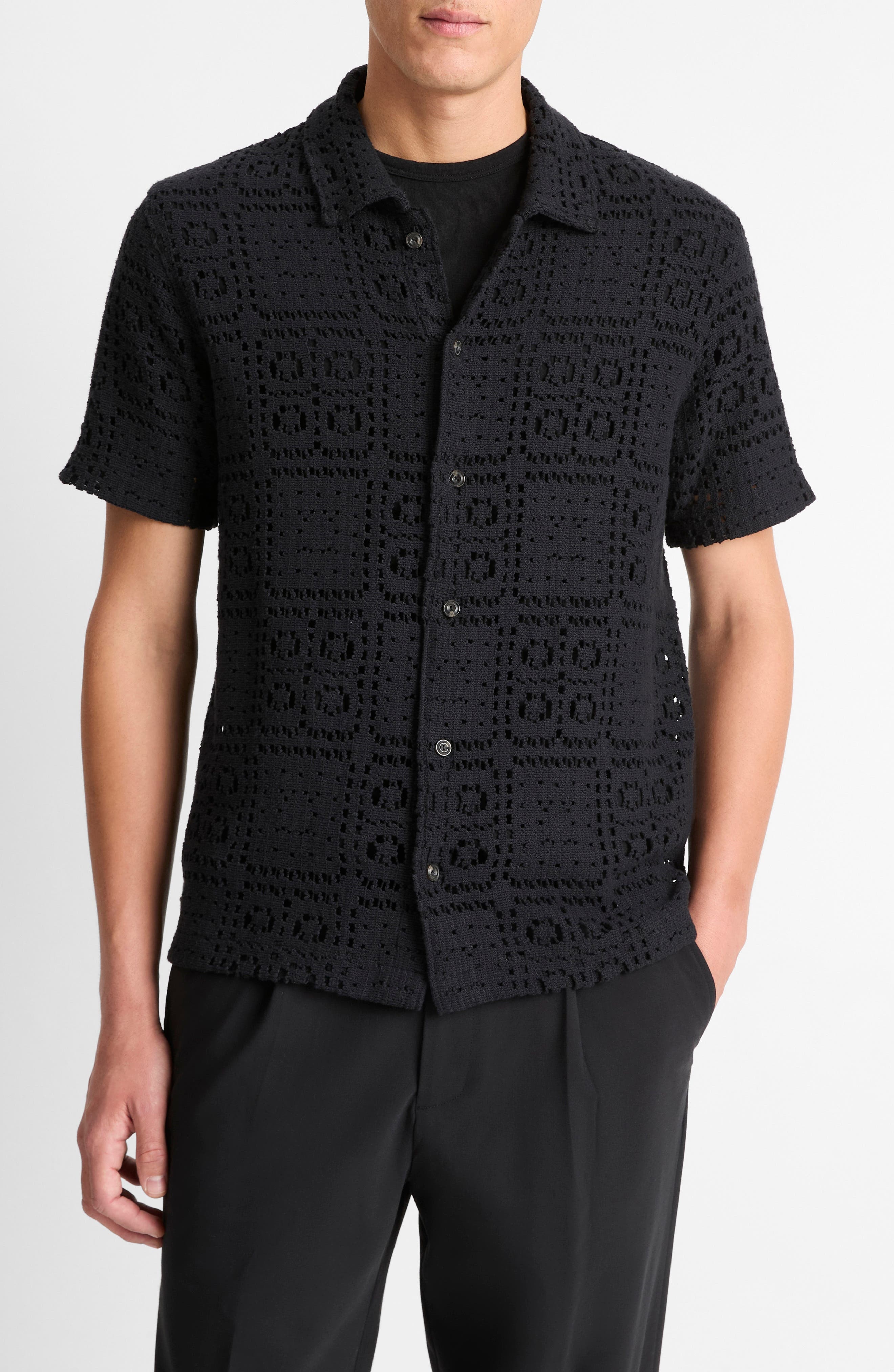 Vince Openwork Short Sleeve Button-Up Shirt in Black at Nordstrom - 1