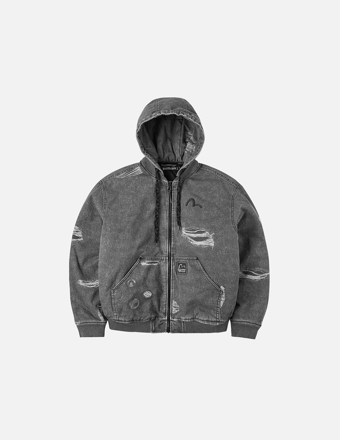 Distressed Print with Logo Embroidery Loose Fit Padded Boomer Jacket - 4