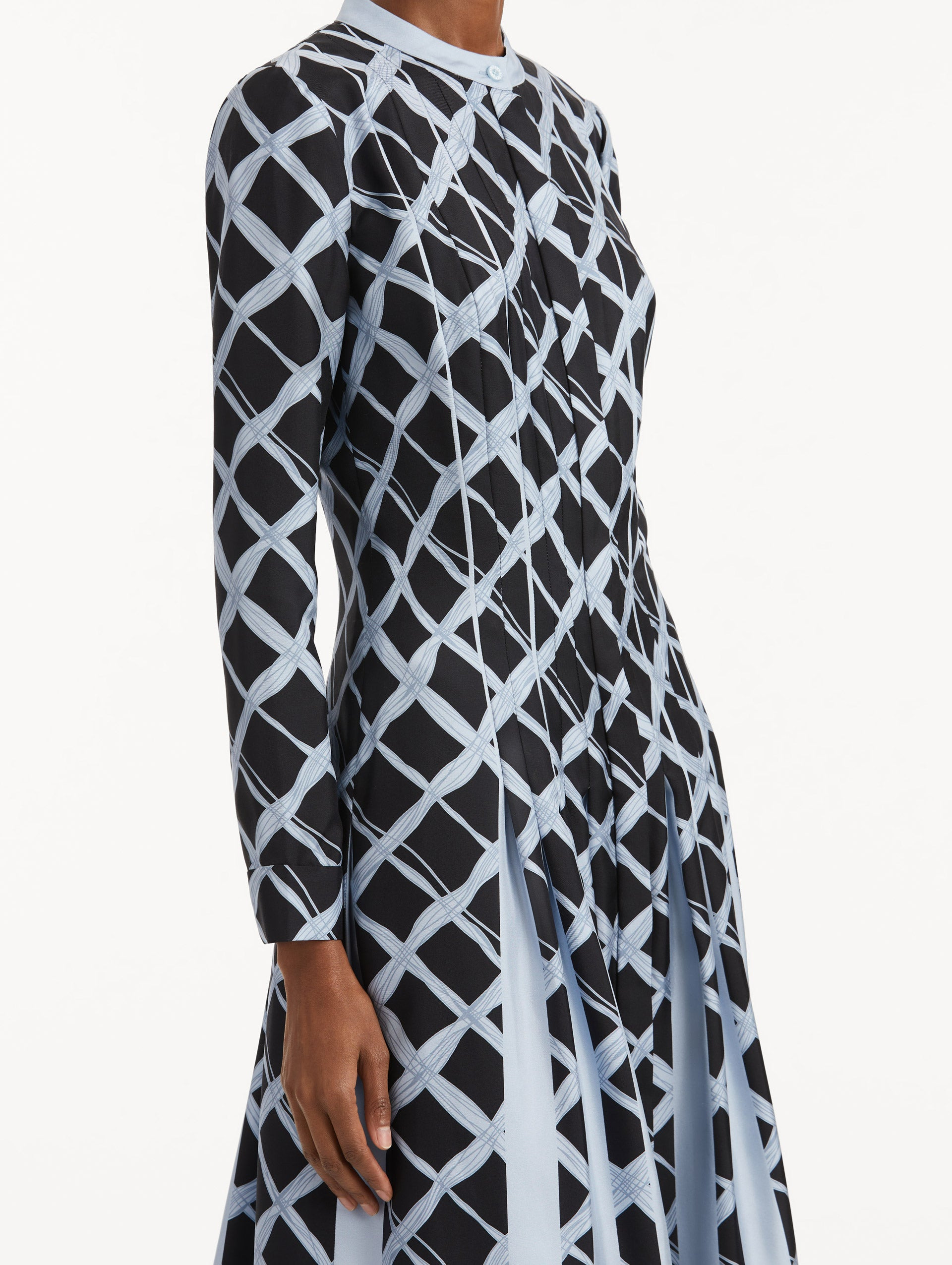 WAVY PLAID INSET SILK TWILL DRESS - 5