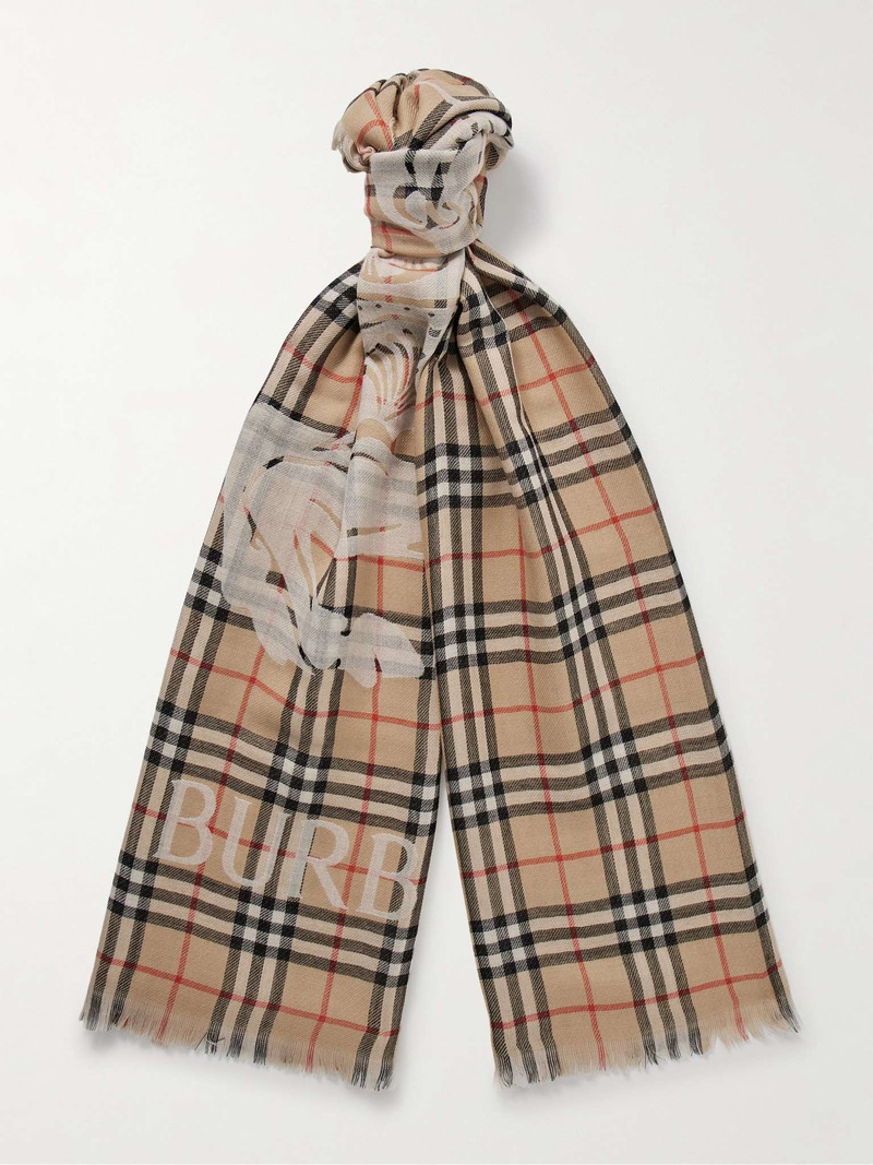 Frayed Logo-Print Checked Wool-Twill Scarf 1