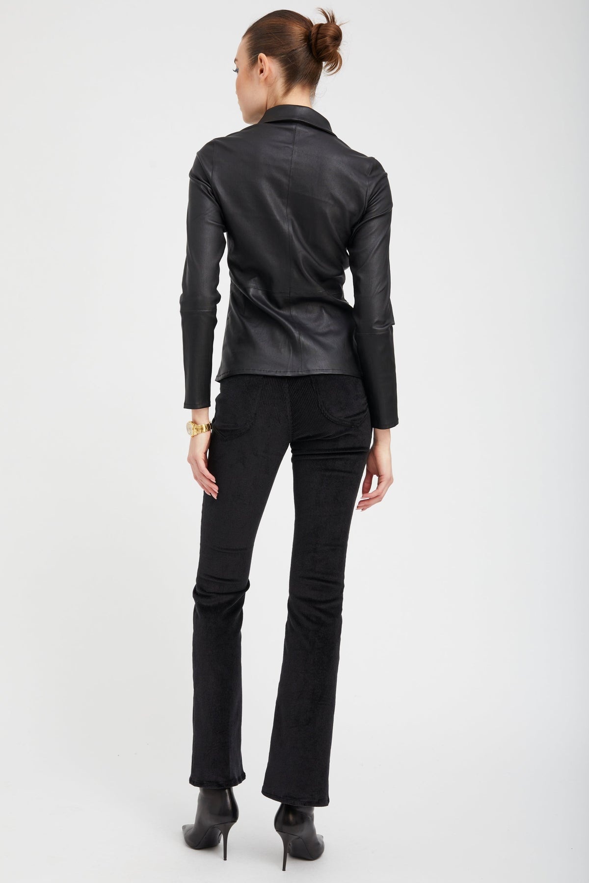 BLACK LEATHER FITTED BUTTON DOWN - 5