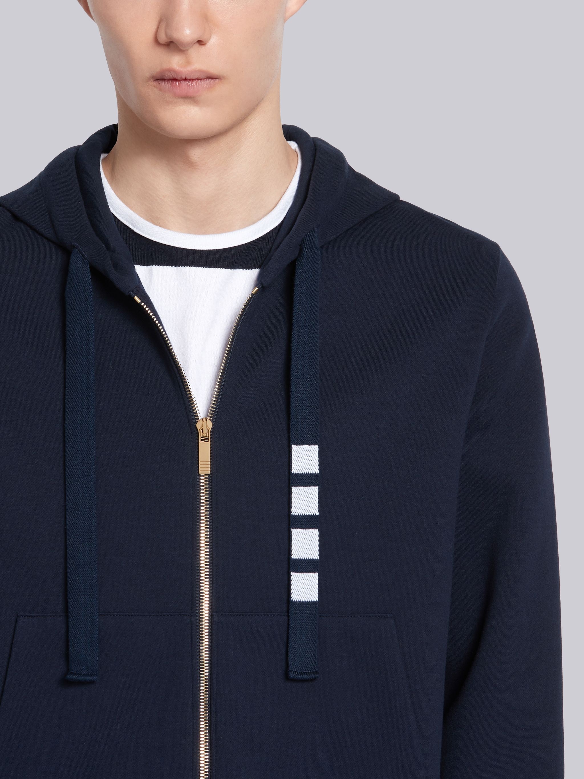 Navy Double Knit Cotton 4-Bar Zip-up Hoodie - 5