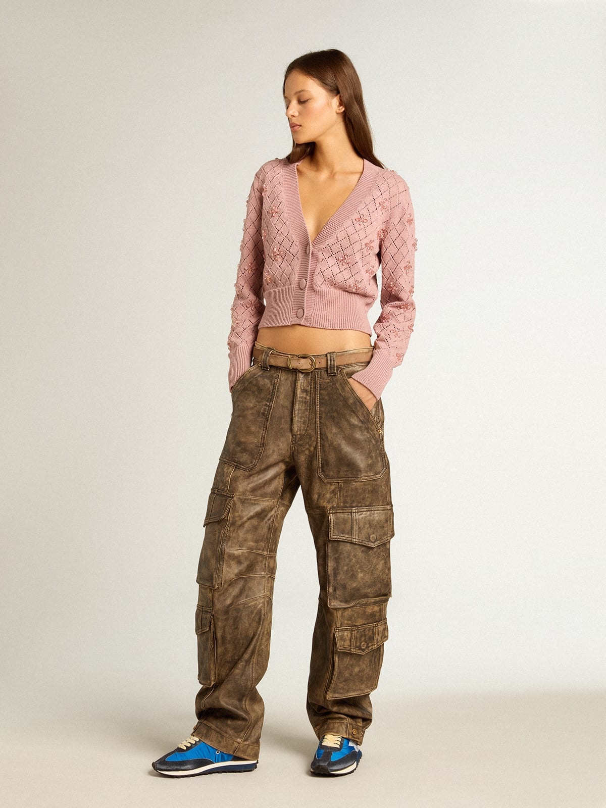 Women's aged brown nappa leather cargo pants - 3