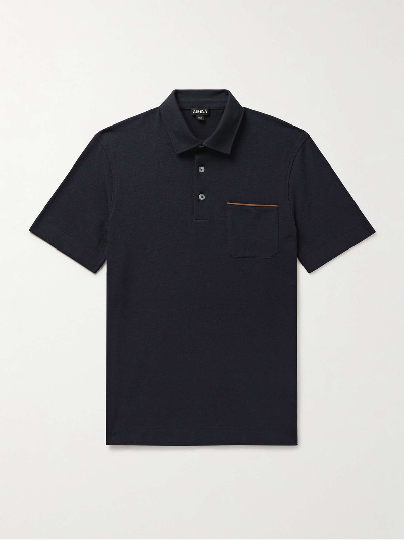 Leather-Trimmed Cotton-Piqué Polo Shirt - 1