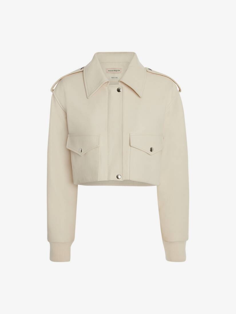 Leather Cropped Aviator Jacket in Ivory - 1