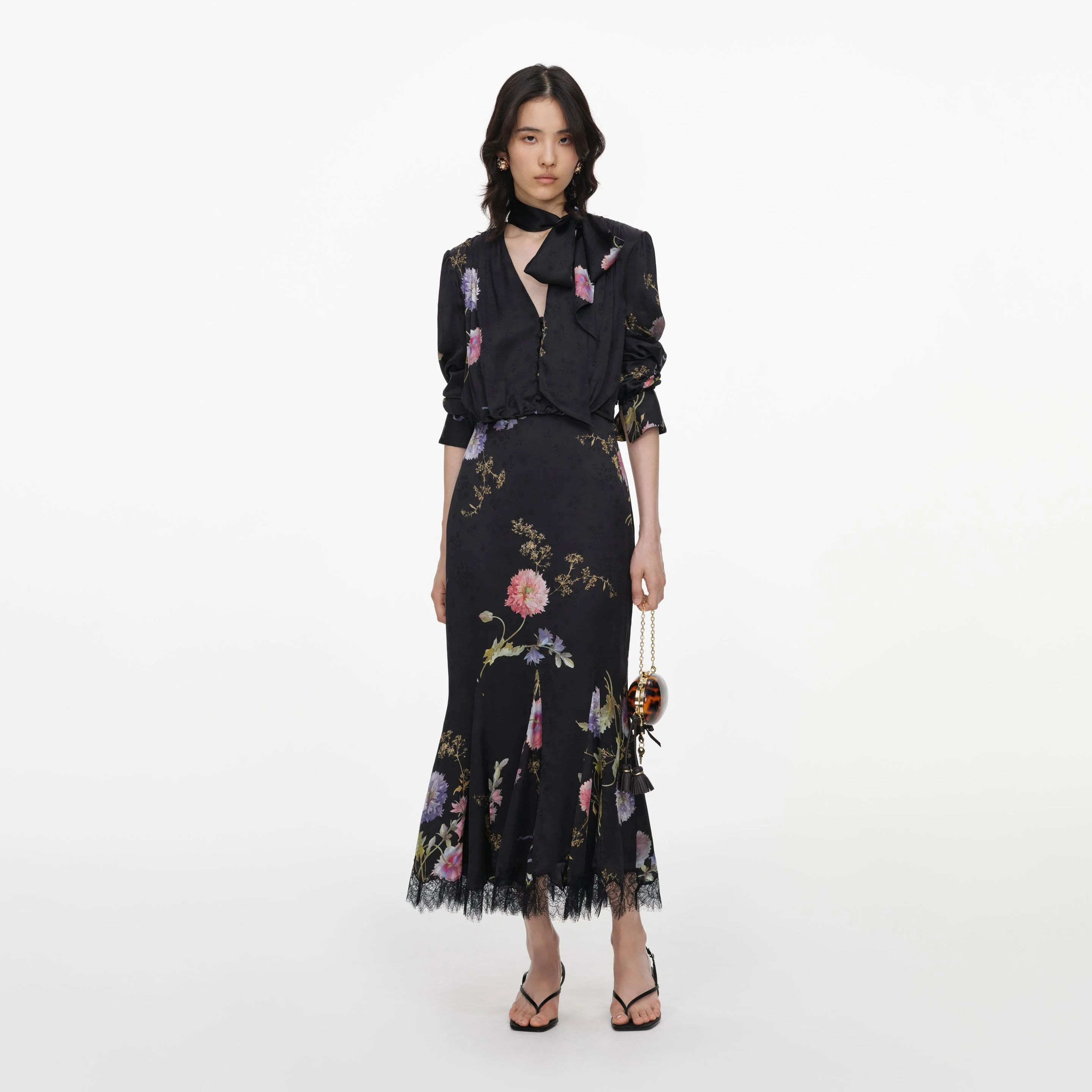 Black Satin Floral Printed Midi Dress - 1