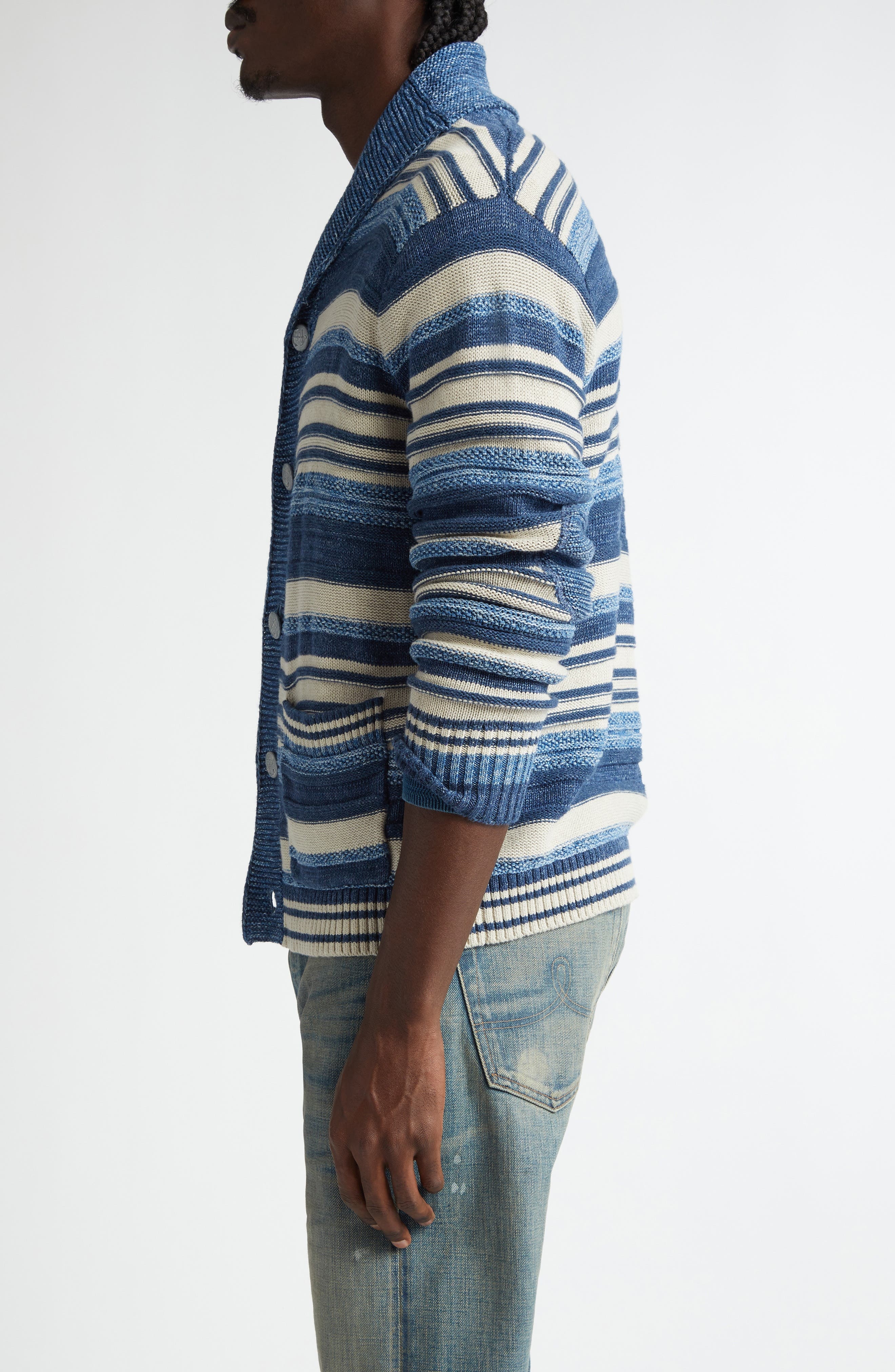 Double RL Indigo Stripe Cotton & Linen Cardigan in Indigo/Multi at Nordstrom - 3