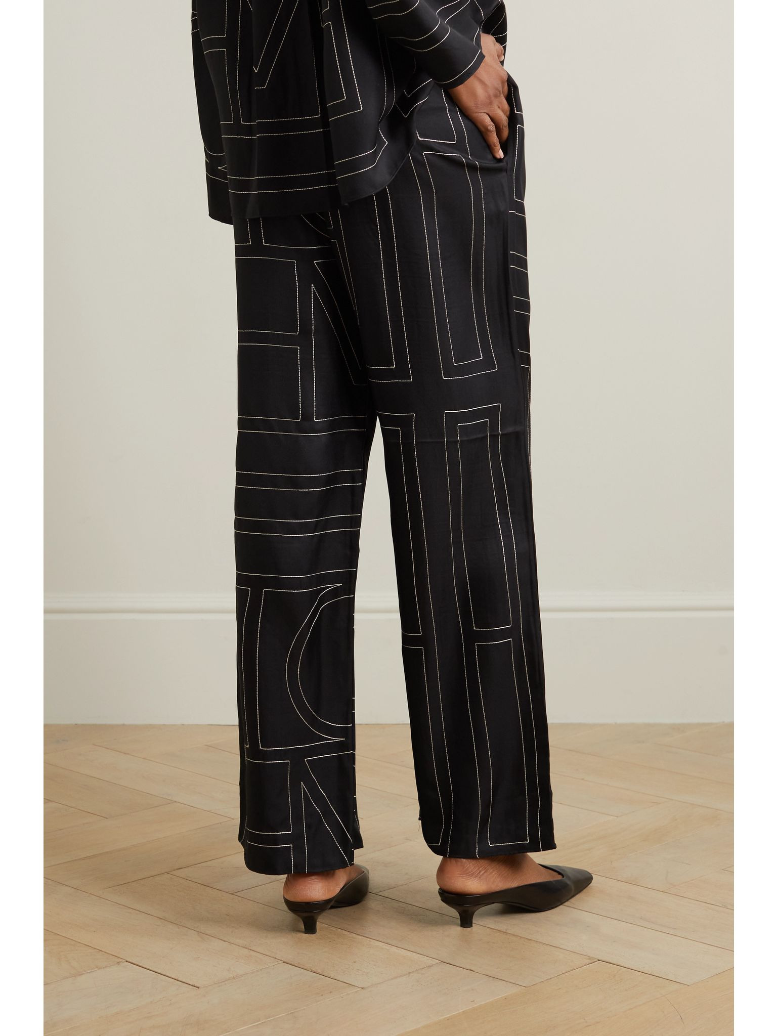Embroidered silk-twill wide-leg pants Black - 3