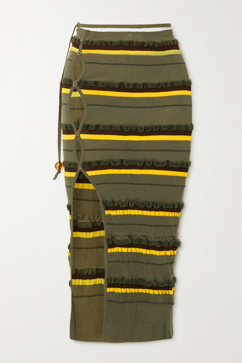 JACQUEMUS Concha cutout striped seersucker midi skirt outlook