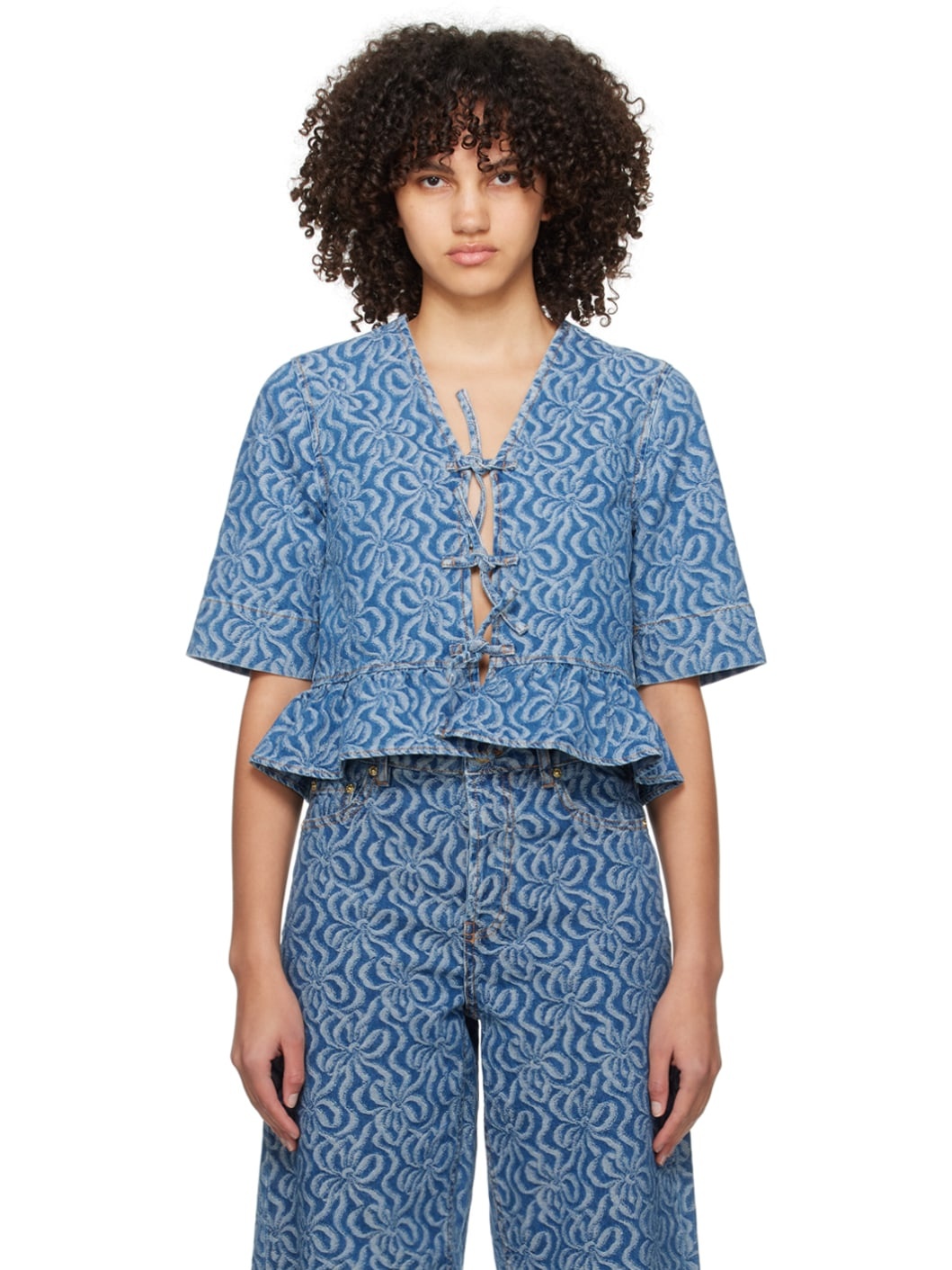 Blue Jacquard Denim Blouse - 1