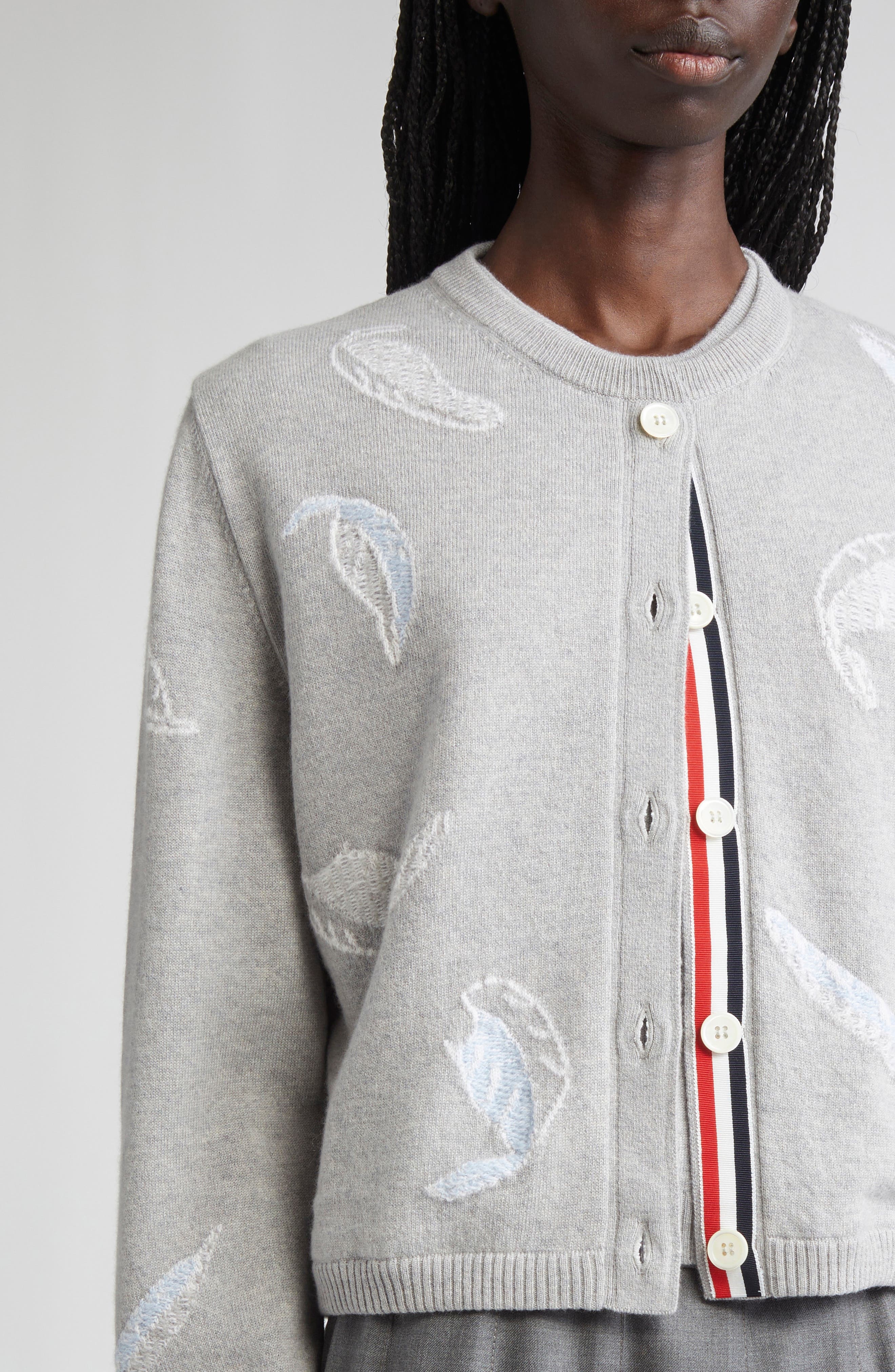 Thom Browne Feather Intarsia Cashmere Cardigan in Pale Grey at Nordstrom - 5