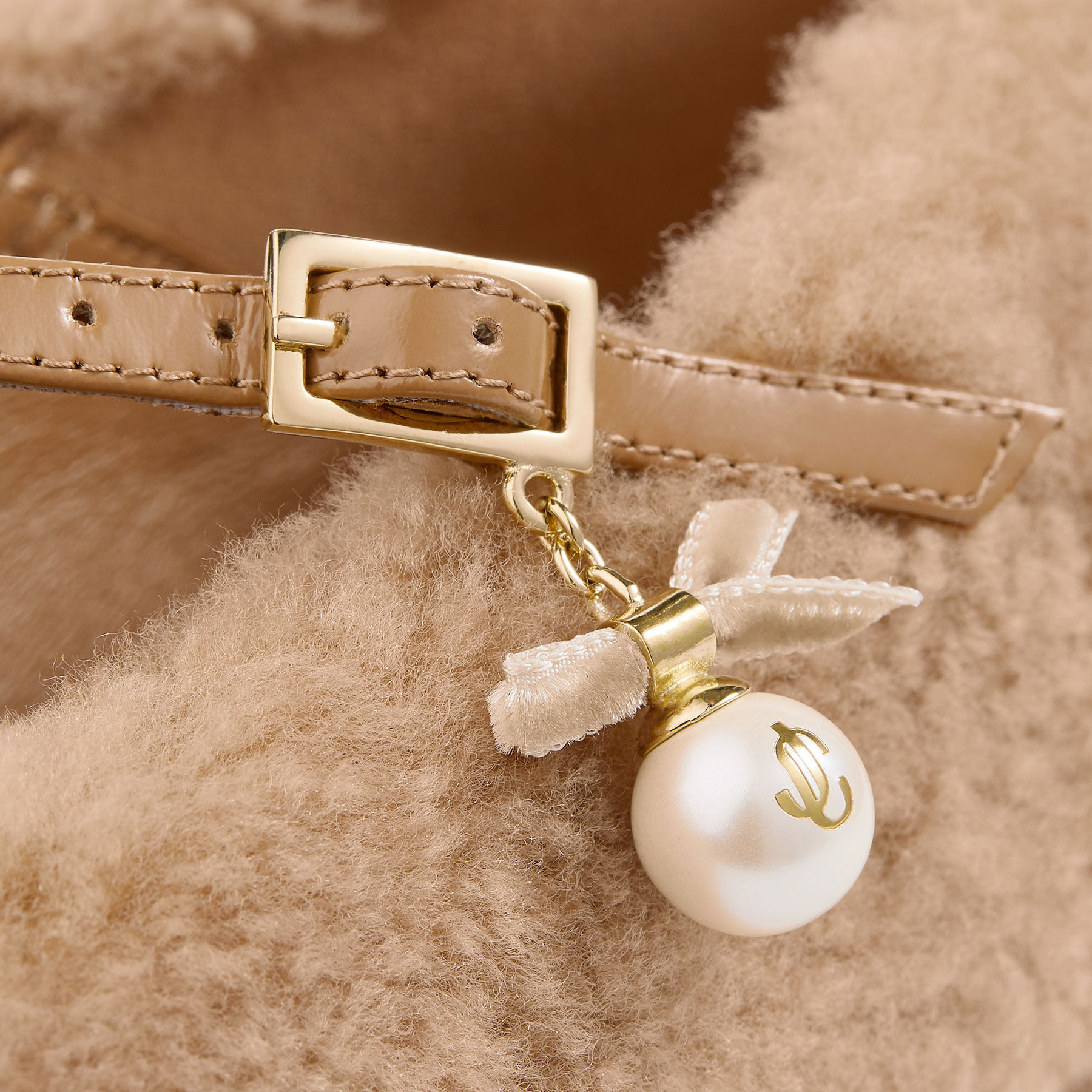 Eleri Ballerina S
Toffee Shearling Ballerina Pumps with Pearl Charm - 3