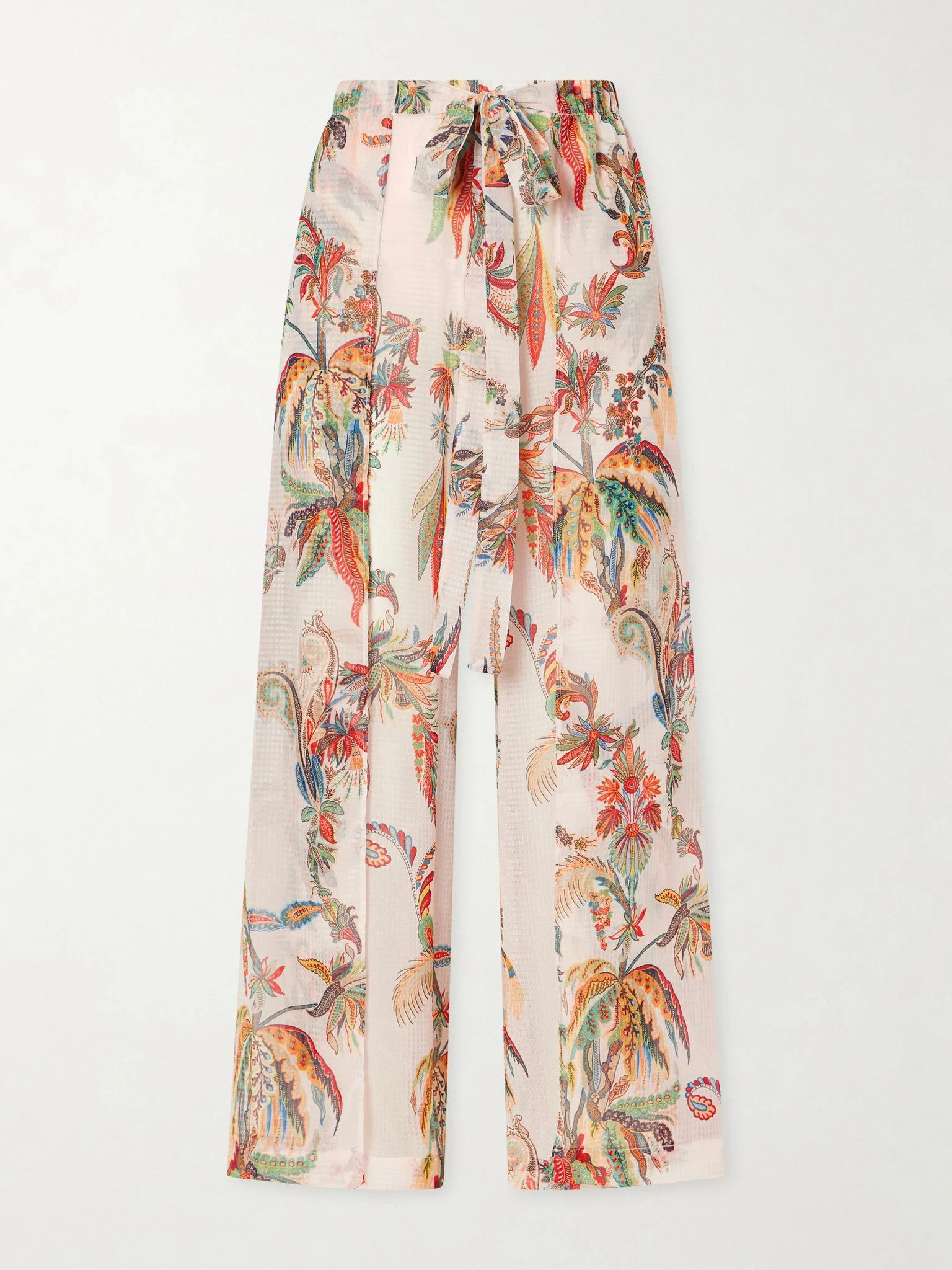 Belted tiered paisley and floral-print satin wide-leg pants Pink - 1