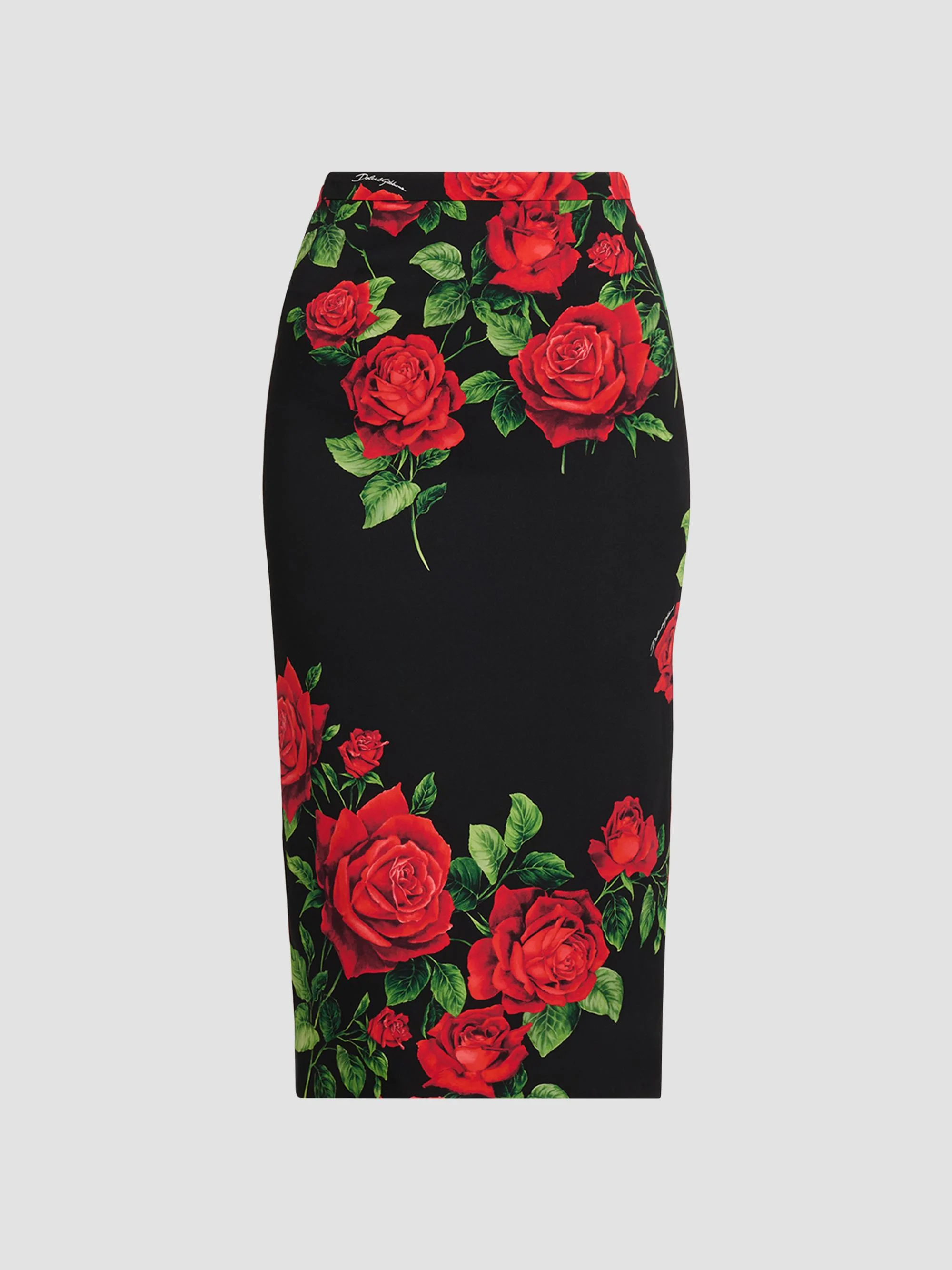 Women's Floral Stretch-Silk Pencil Midi-Skirt - Rose Rosse Nero - 1