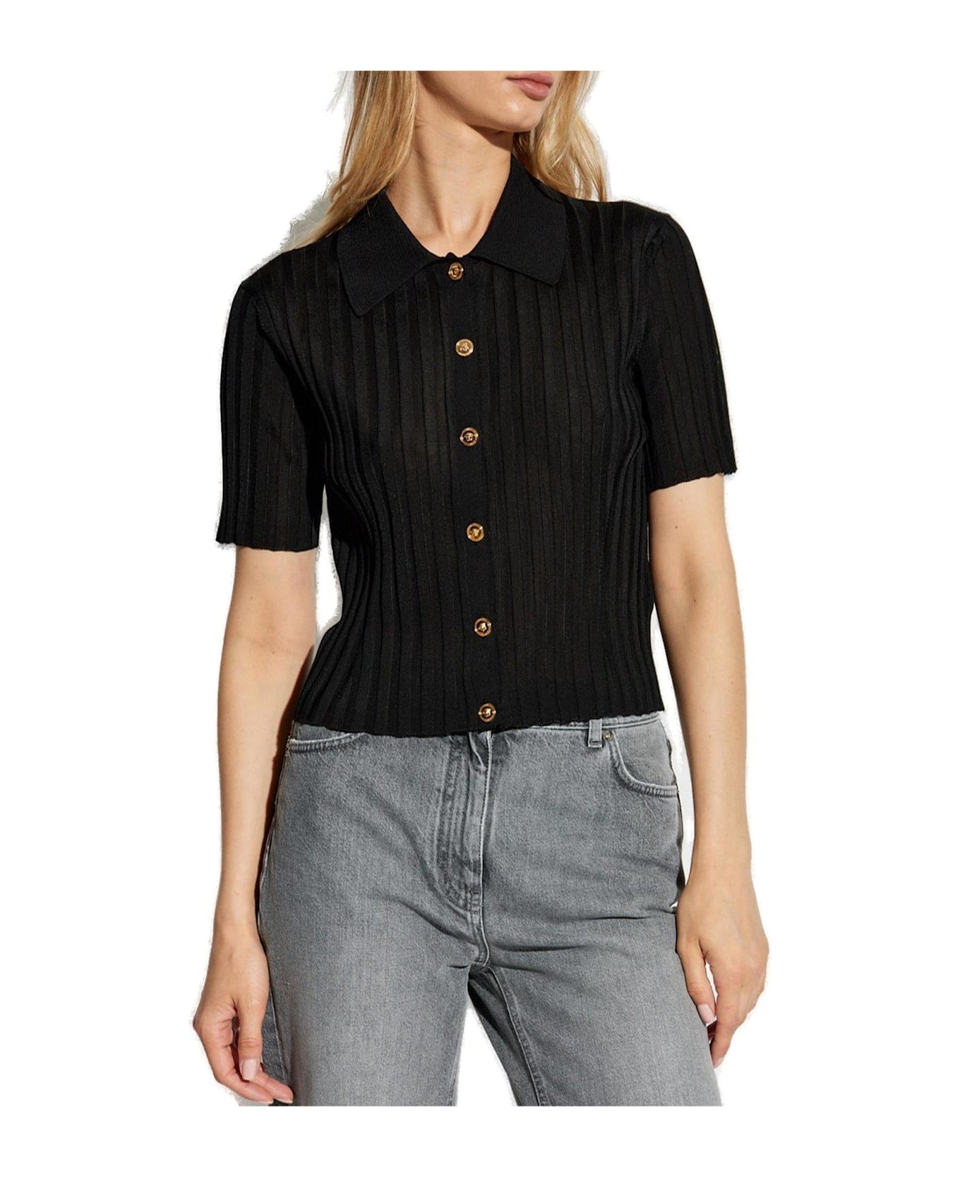 Short-sleeved Button-up Knitted Shirt - 2