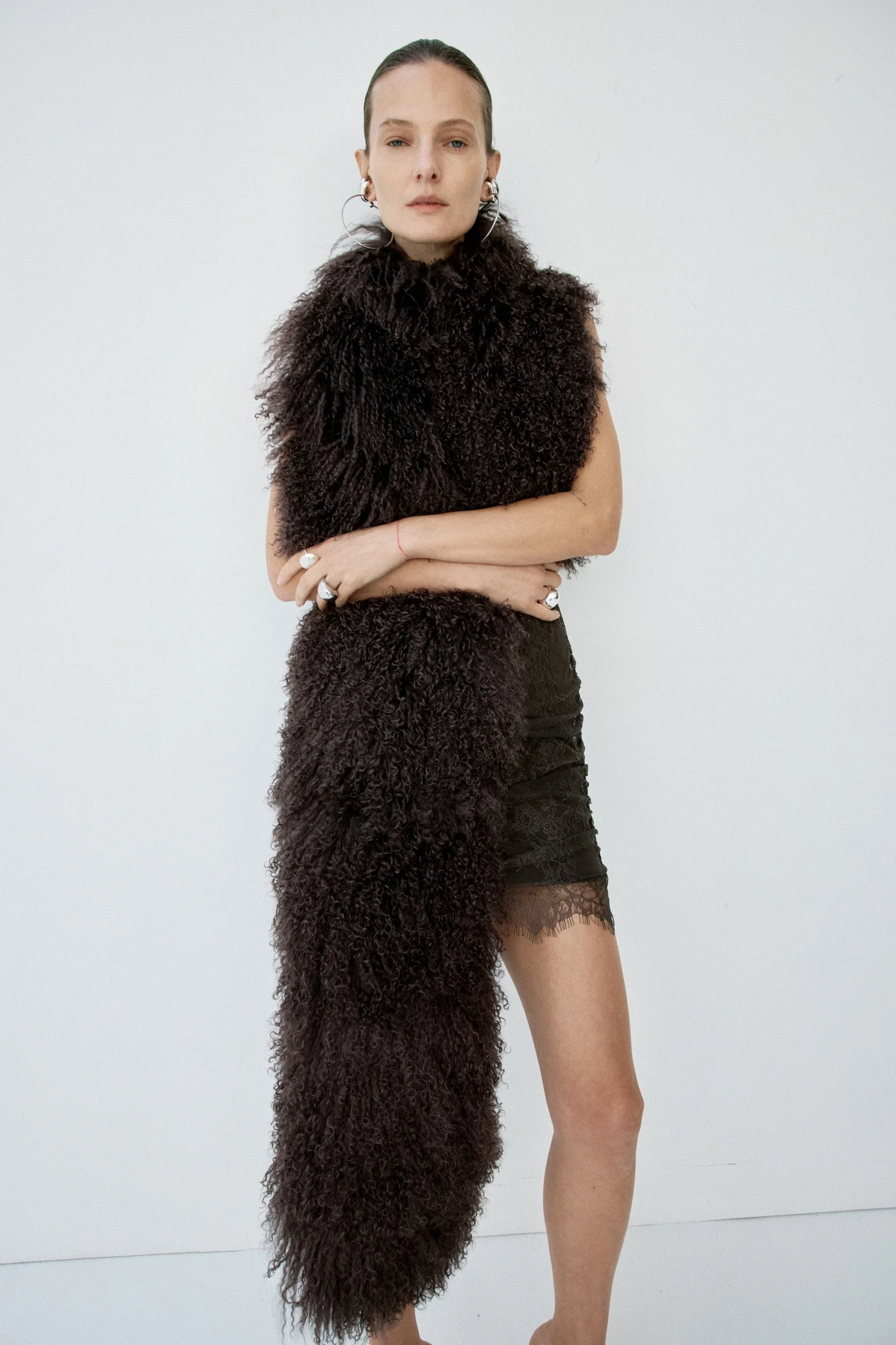 ZERAPHINE FUR SHAWL IN CHOCOLATE BROWN MONGOLIAN FUR - 1