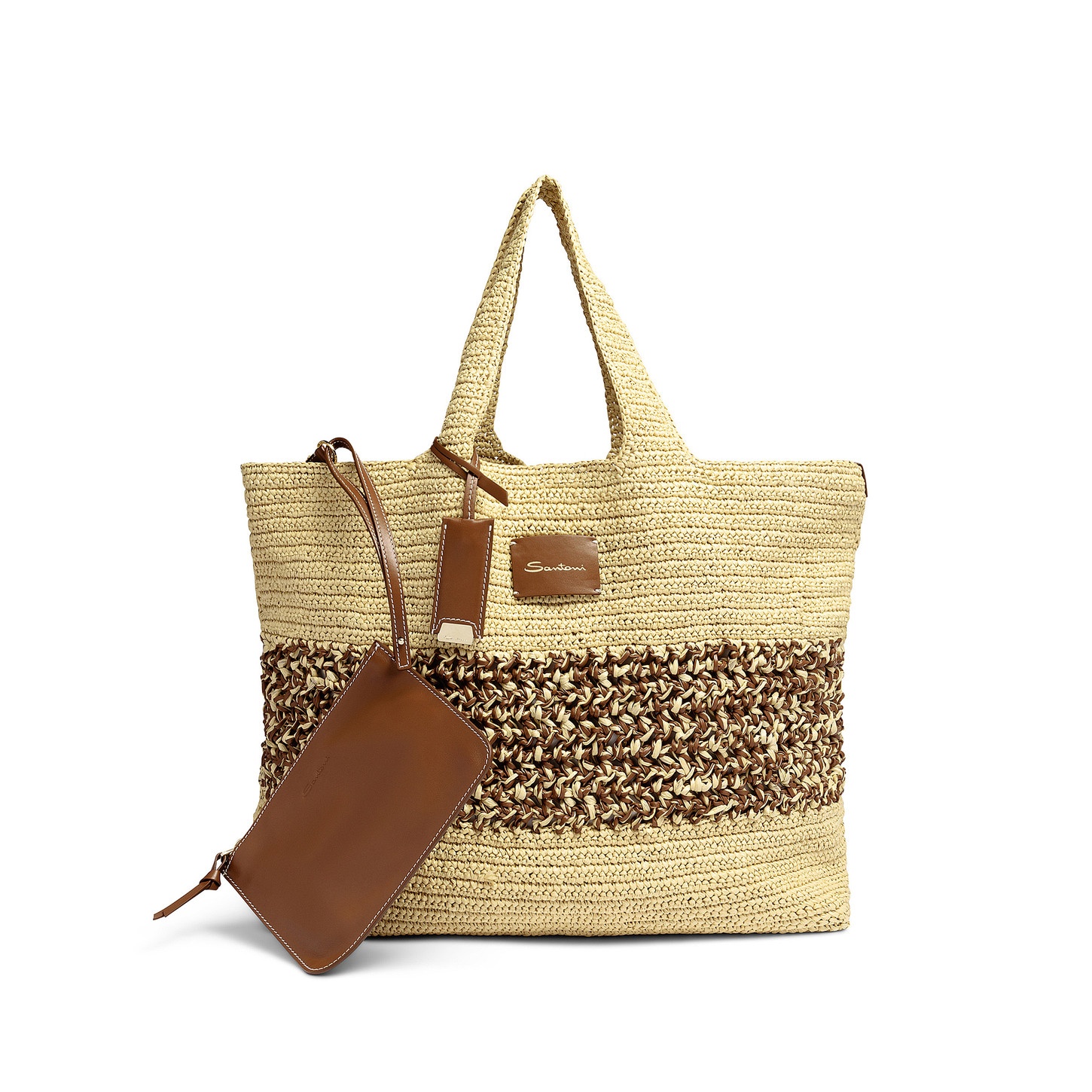 Light brown leather and raffia shoulder bag - 1