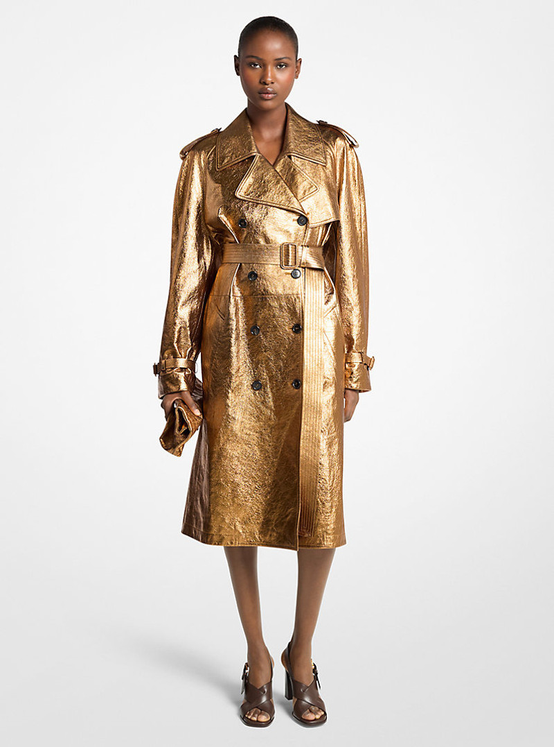 Metallic Crackled Leather Trench Coat 1