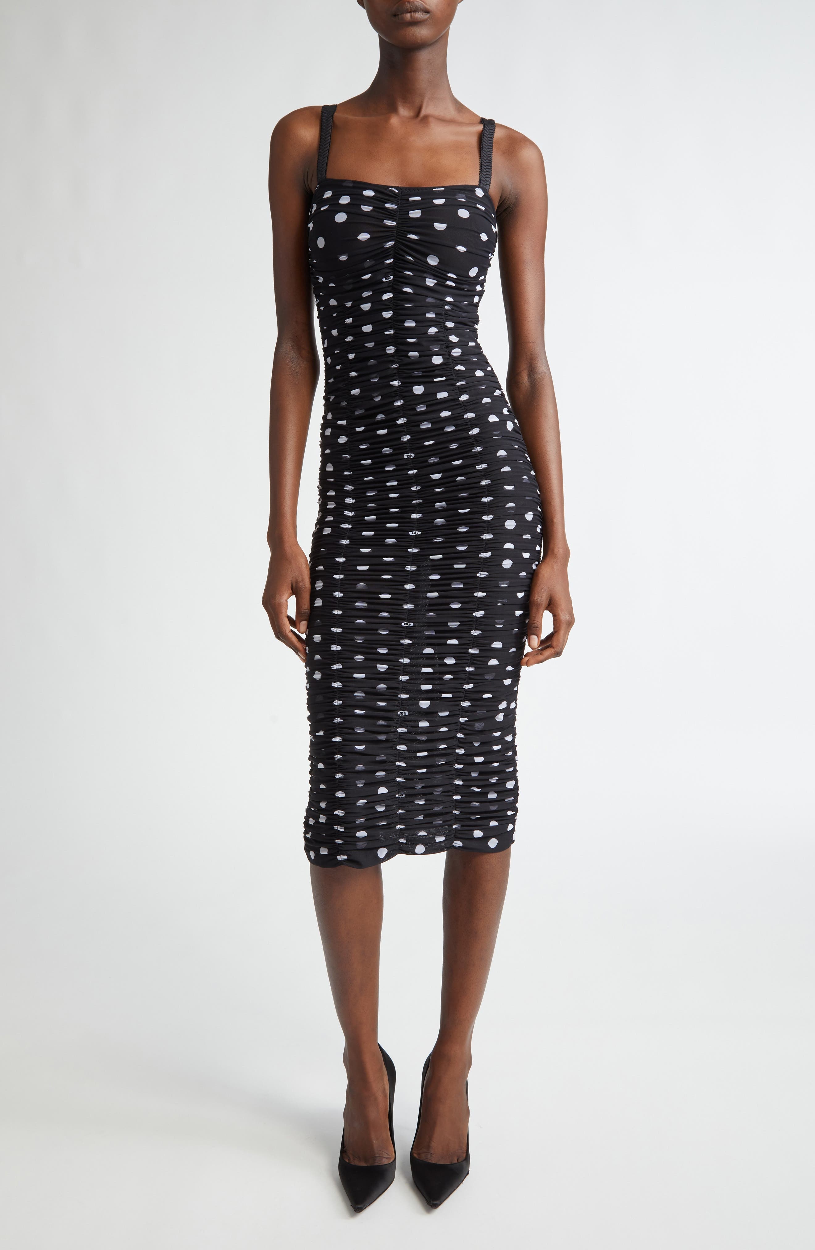 Dolce&Gabbana Polka Dot Ruched Tulle Midi Dress in Hnzrw Pois Med 1 5 F.nero at Nordstrom - 1