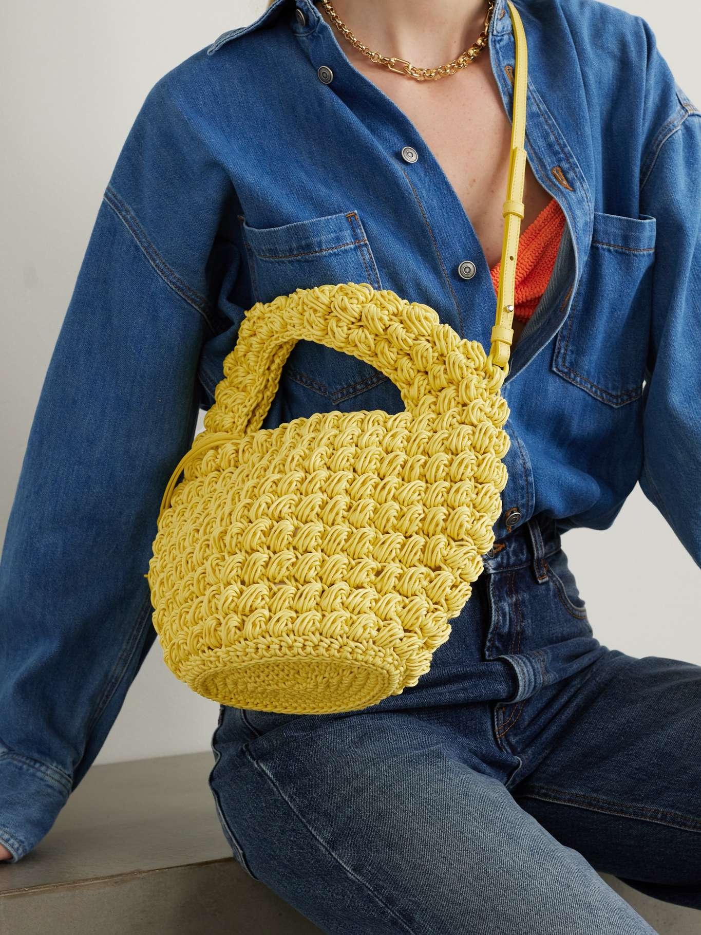 Popcorn Basket leather-trimmed crocheted waxed-cotton tote - 6