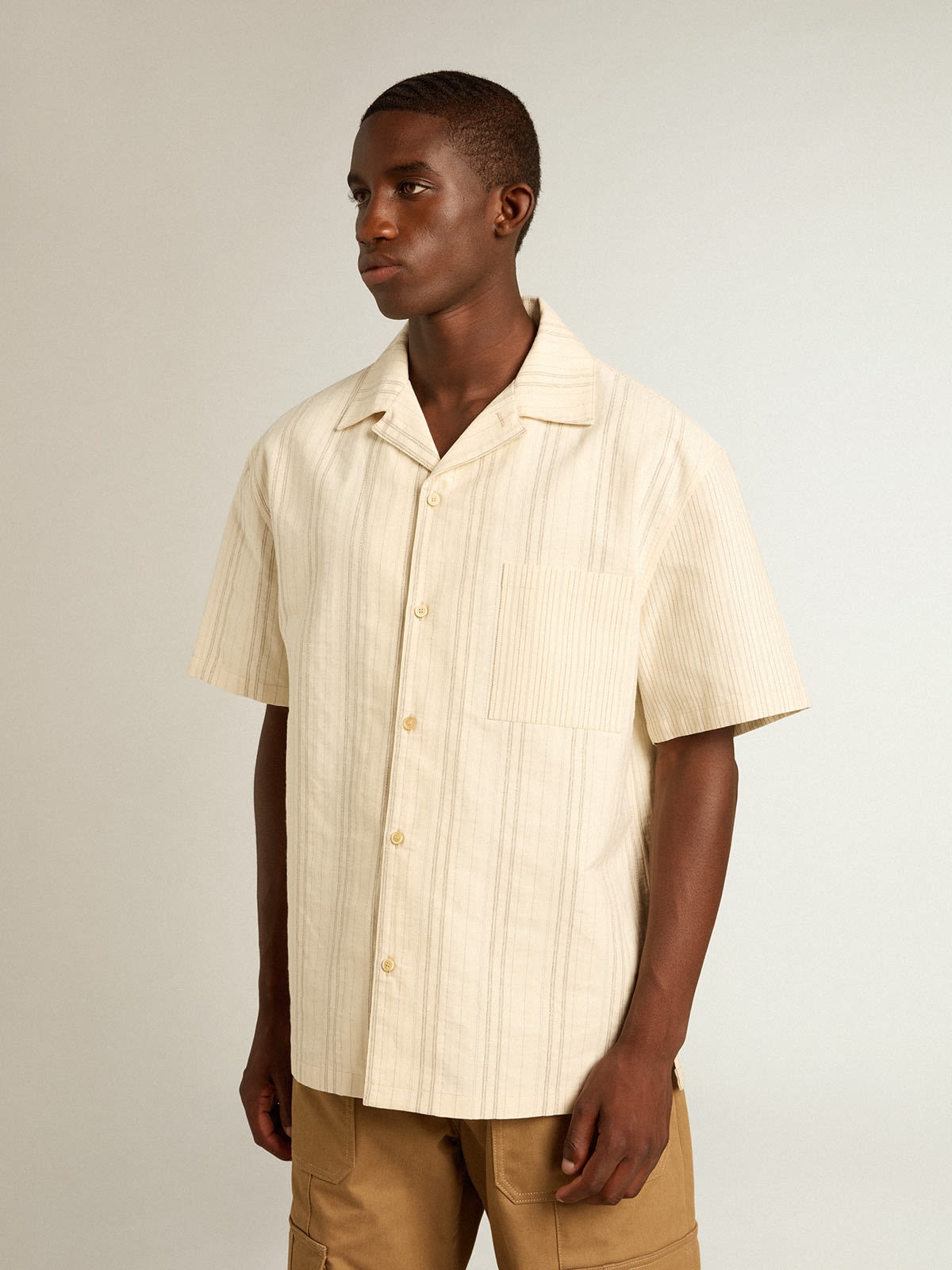 Men's short-sleeved shirt in ecru-colored cotton - 5
