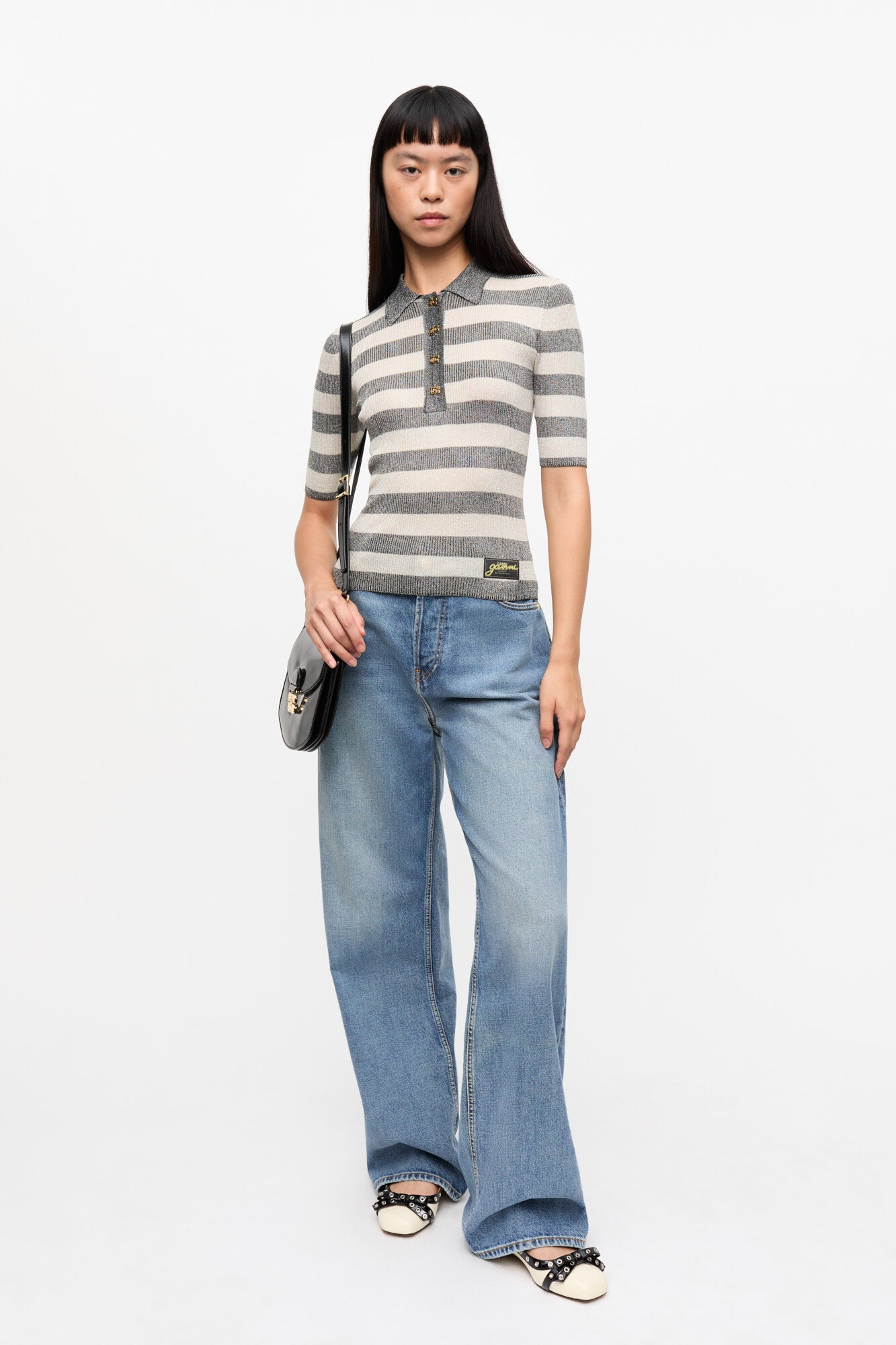 GREY STRIPED SPARKLE RIB POLO T-SHIRT - 4