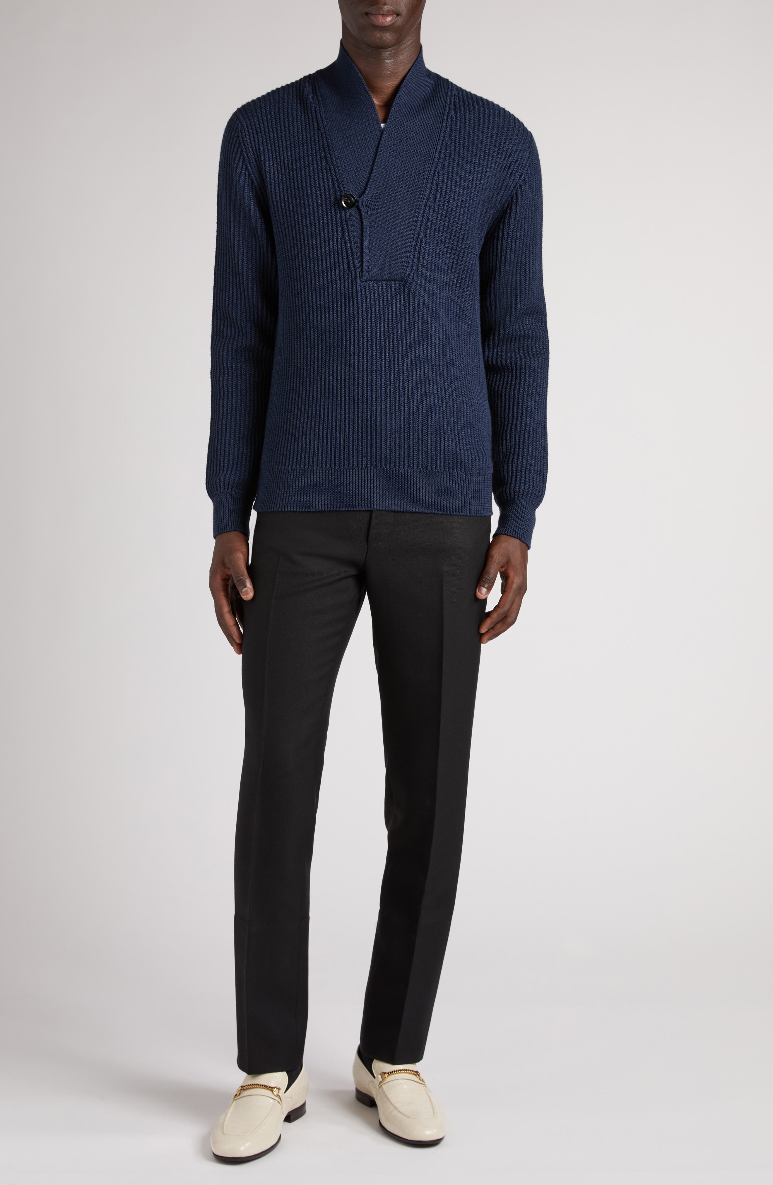 TOM FORD Shawl Collar Merino Wool & Silk Sweater in Hb806 Space Blue at Nordstrom - 2