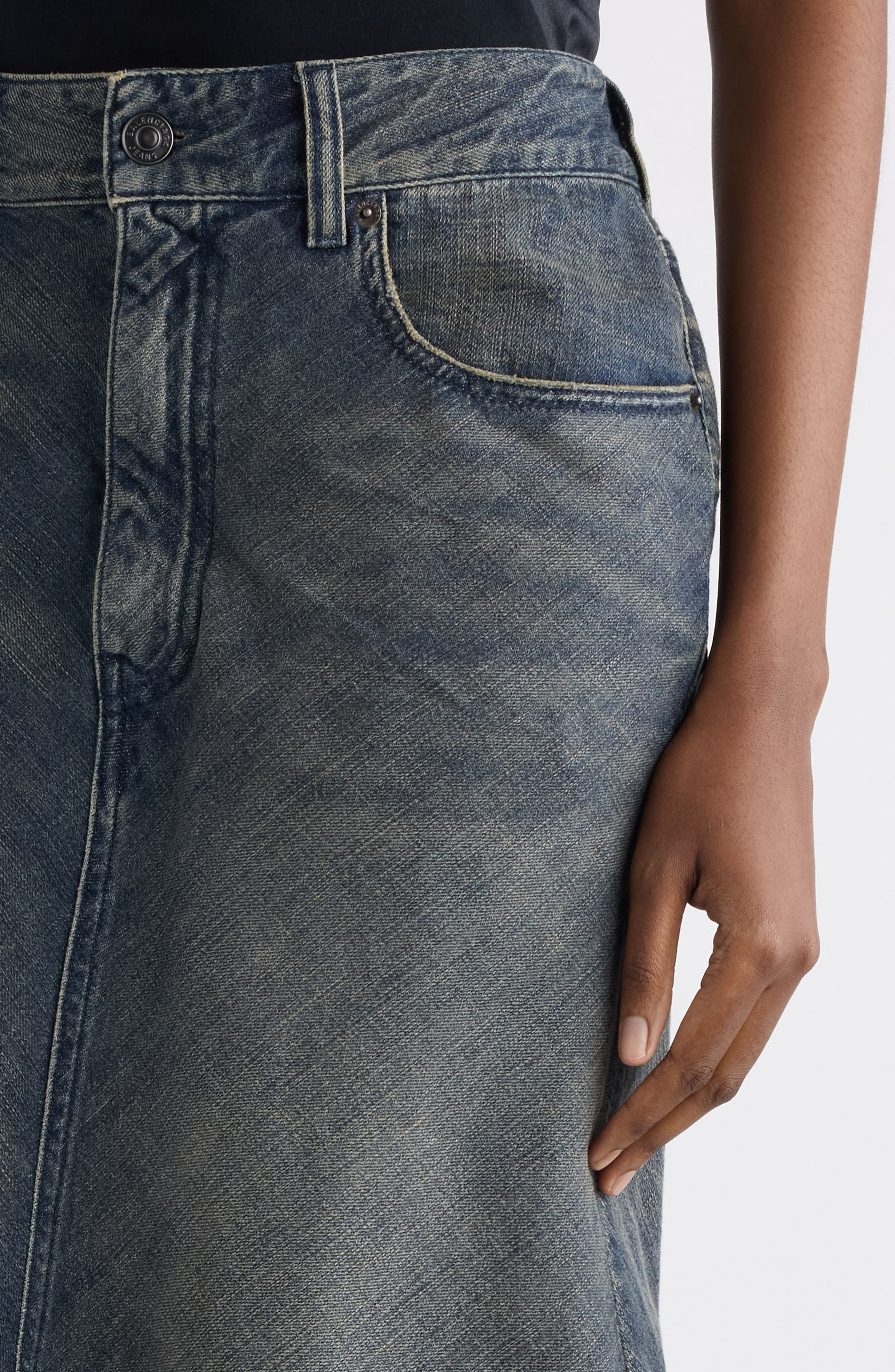 Balenciaga Denim A-Line Midi Skirt in Navy/Green/Yellow at Nordstrom - 5