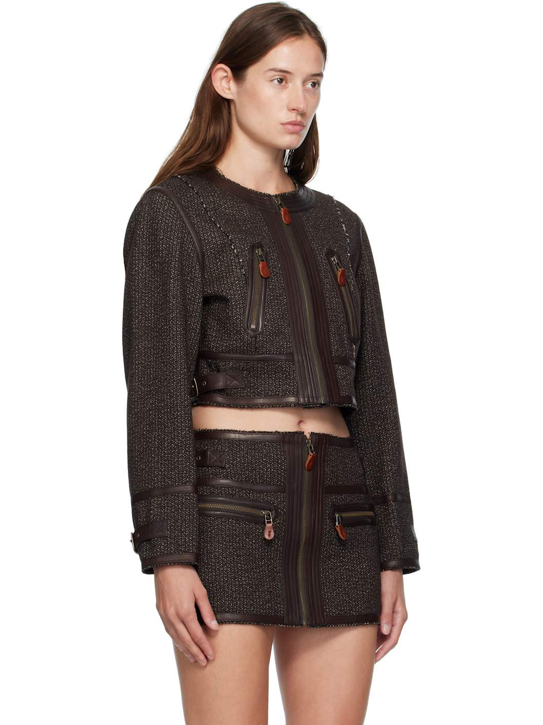 Brown Stitch Details Crewneck Jacket - 2