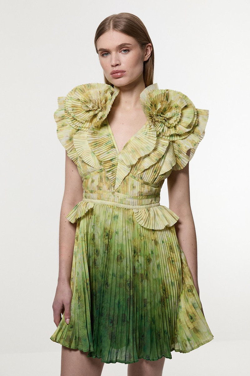 Crinkle Pleat Border Print Mini Dress With Rosette Detail 1