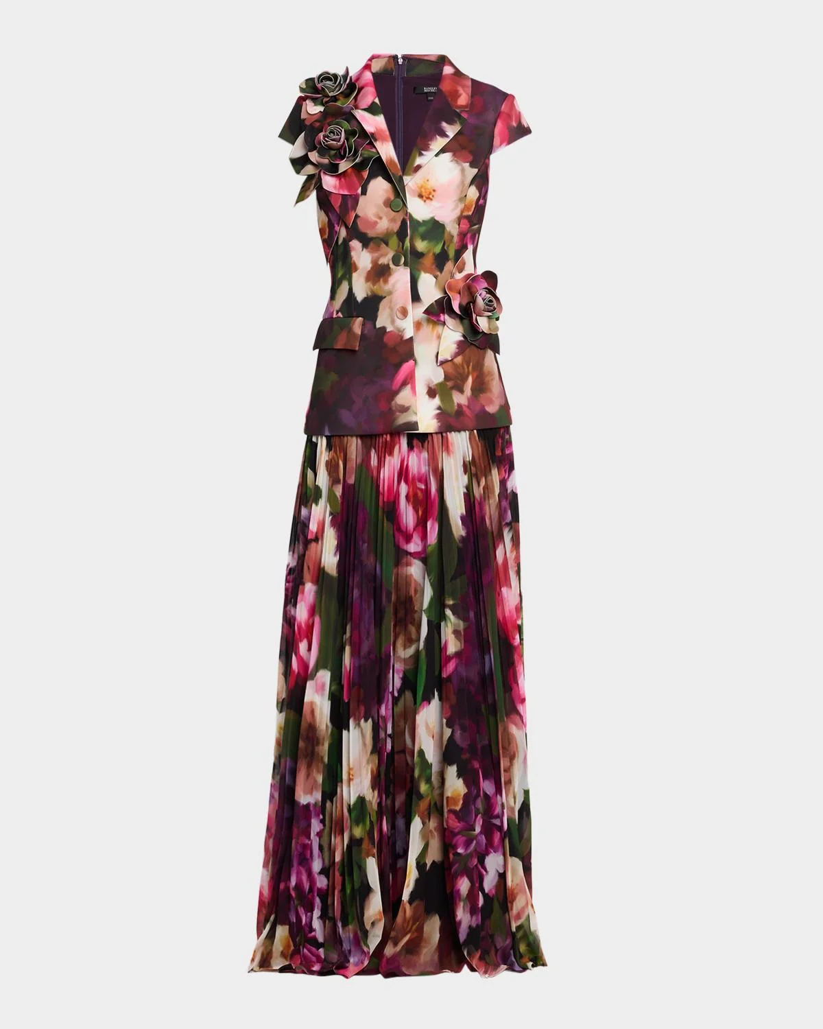 Pleated Floral Cap-Sleeve Gown - 1