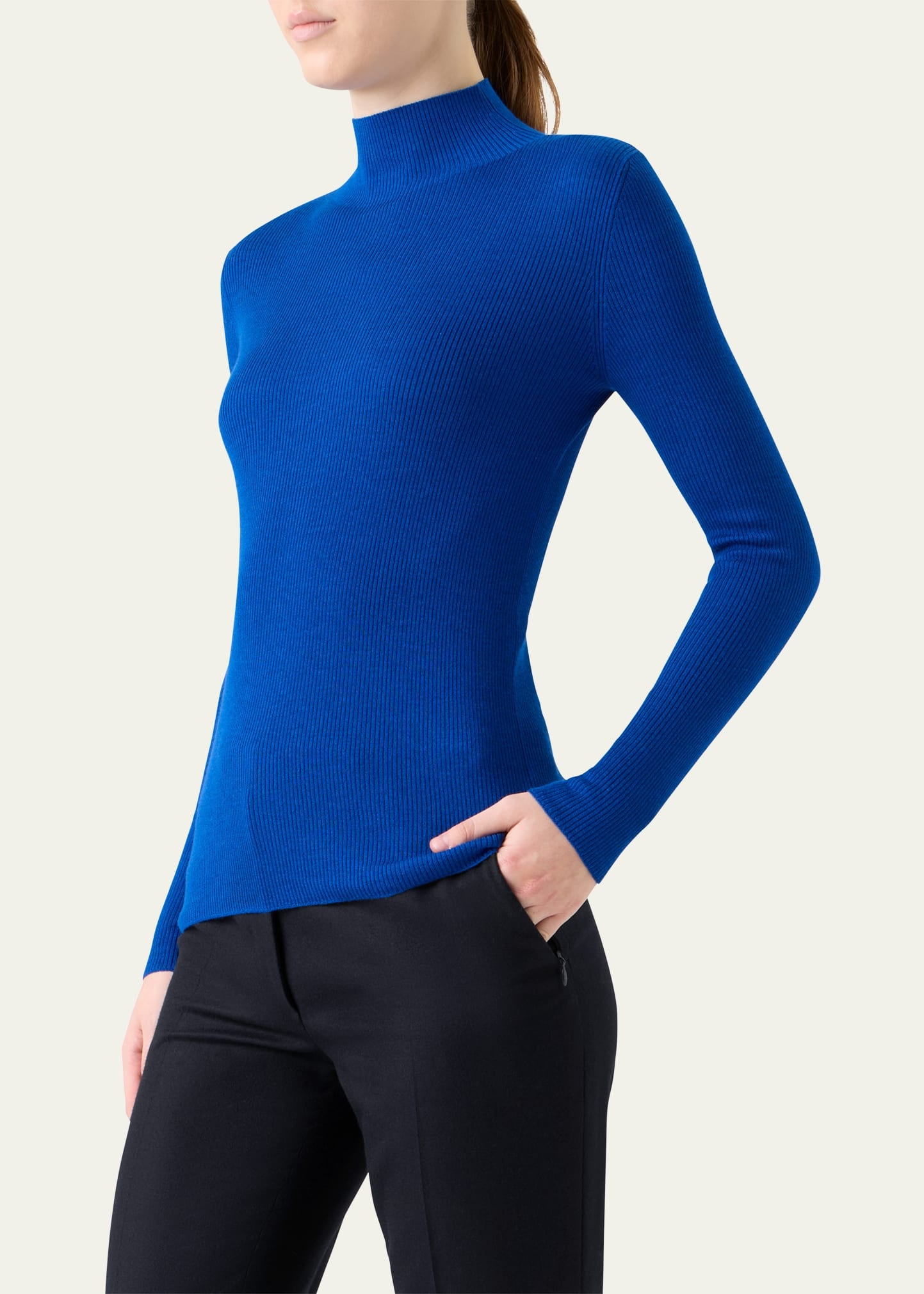 Mock-Neck Cashmere-Silk Fine Rib Sweater - 4