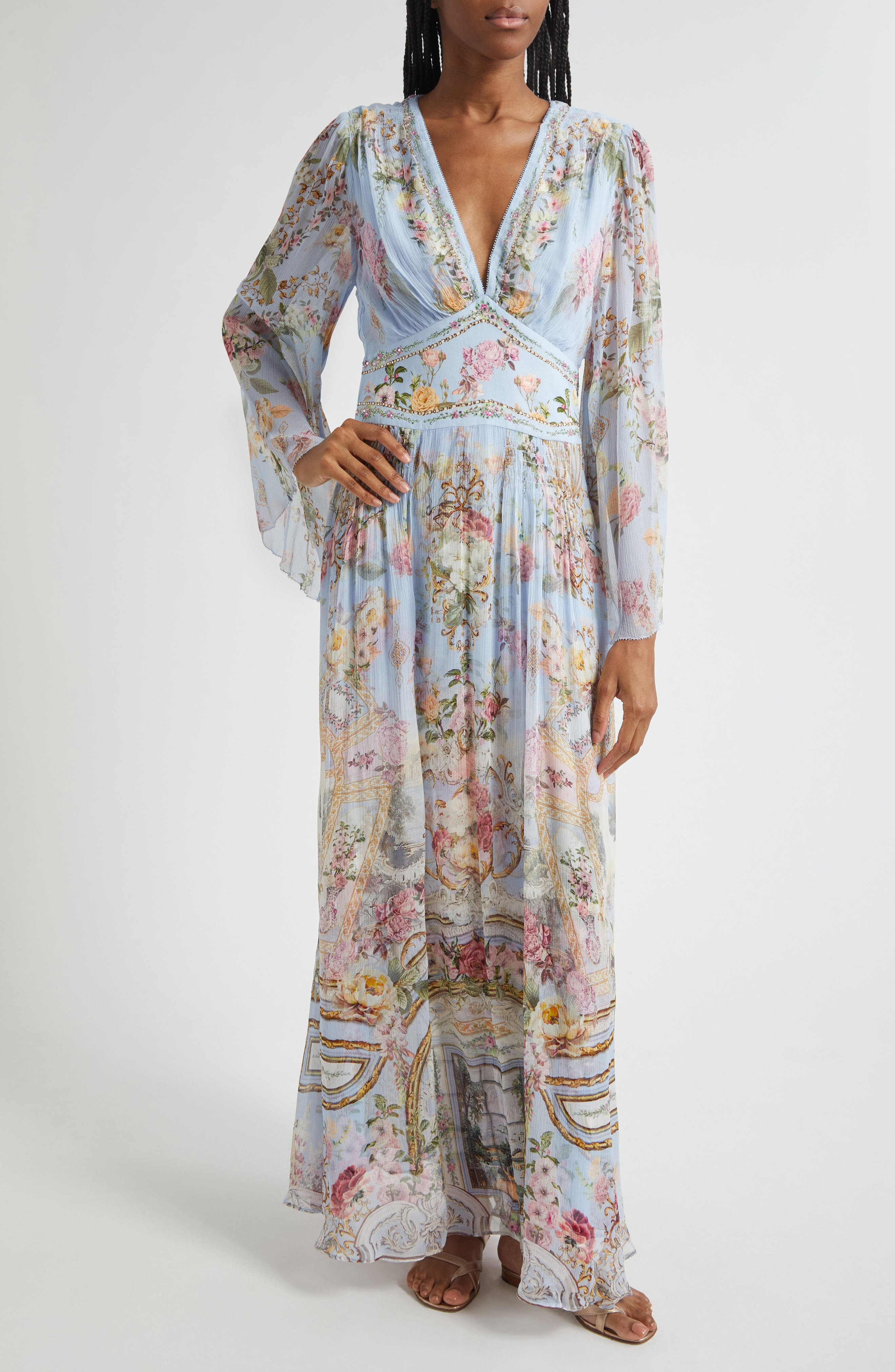 Camilla Tiled In Time Long Sleeve Silk Chiffon Maxi Dress at Nordstrom - 1