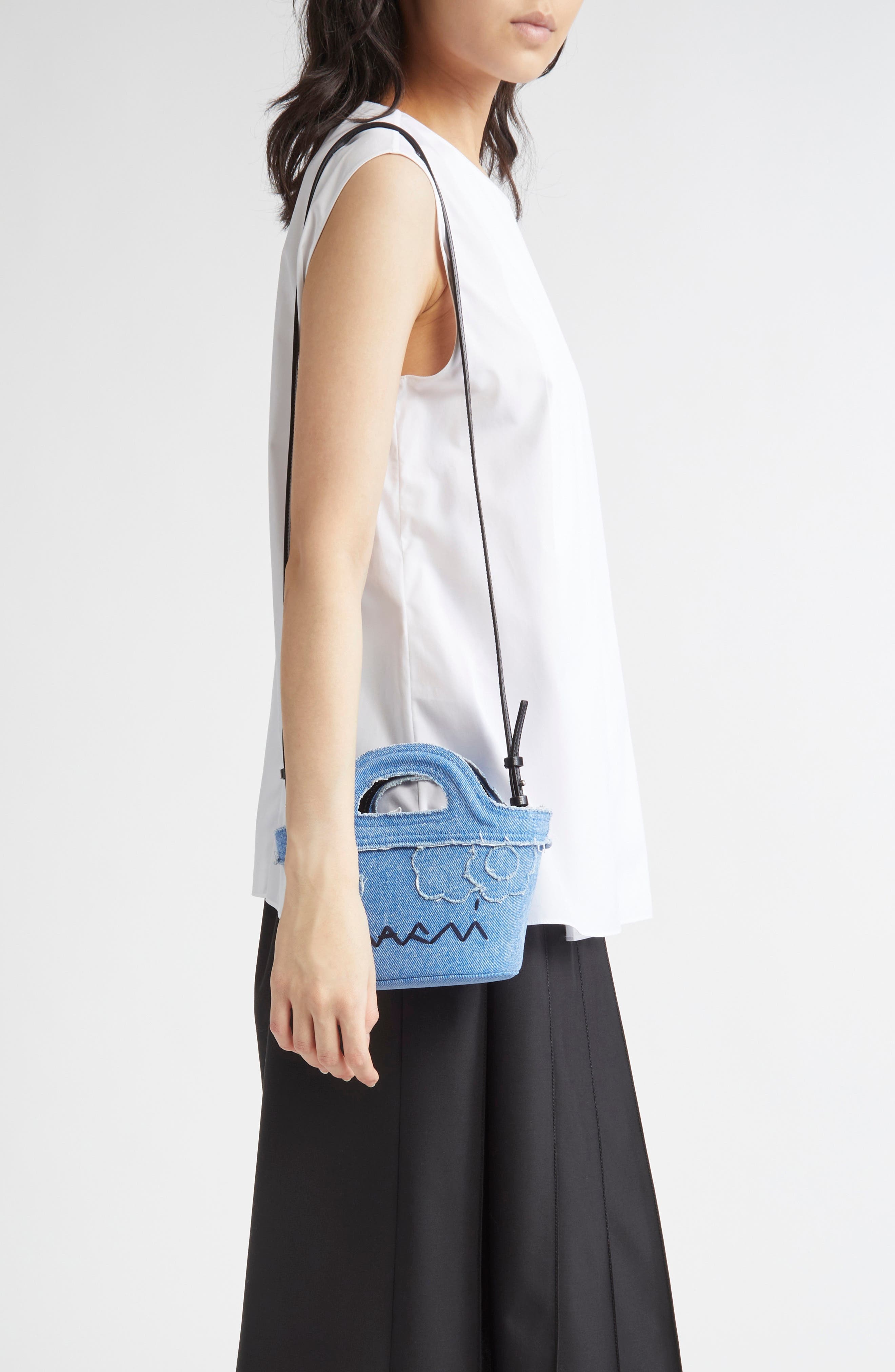Marni Micro Tropicalia Logo Embroidered Denim Bucket Bag in Cobalt at Nordstrom - 3