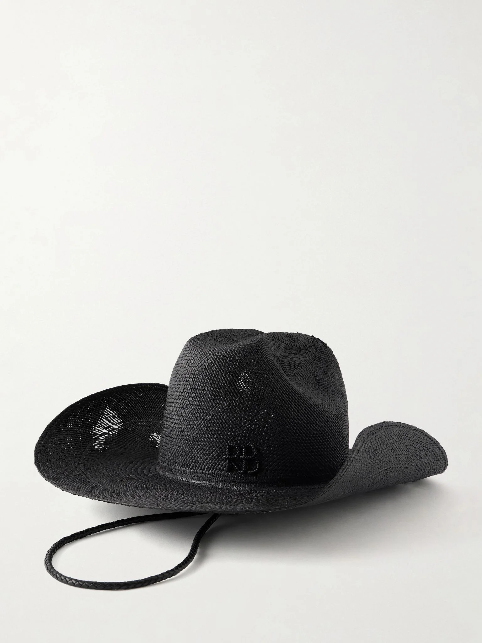 Cowboy distressed leather-trimmed embroidered straw hat Black - 1