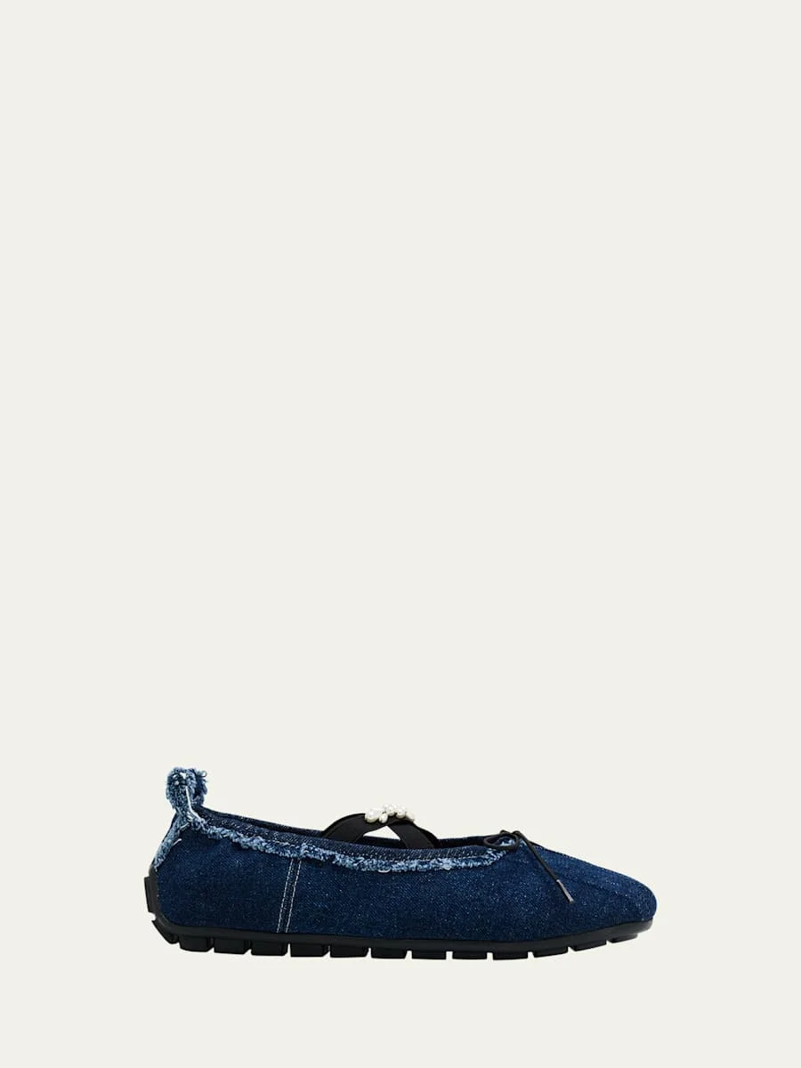 Embellished Denim Grip Ballerina Flats - 1