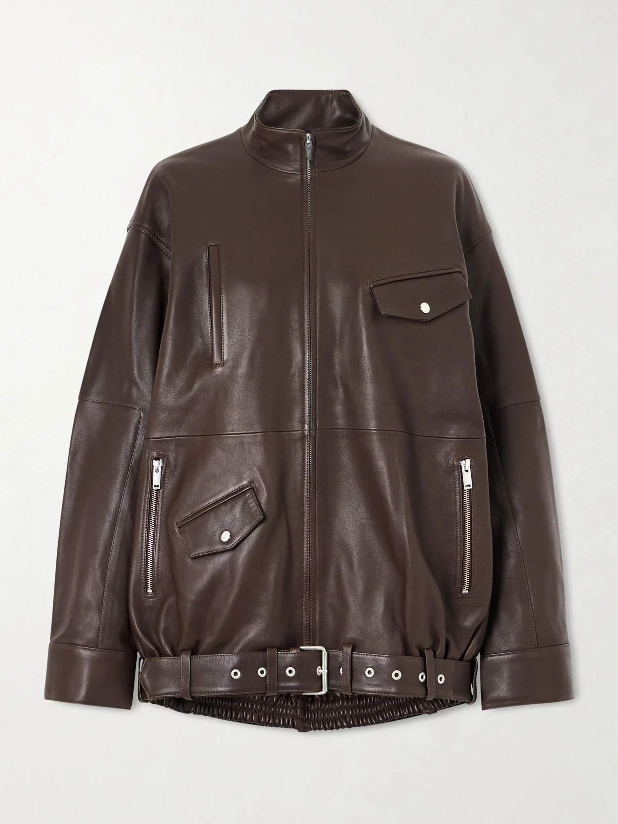 Belted Leather Bomber Jacket - 1