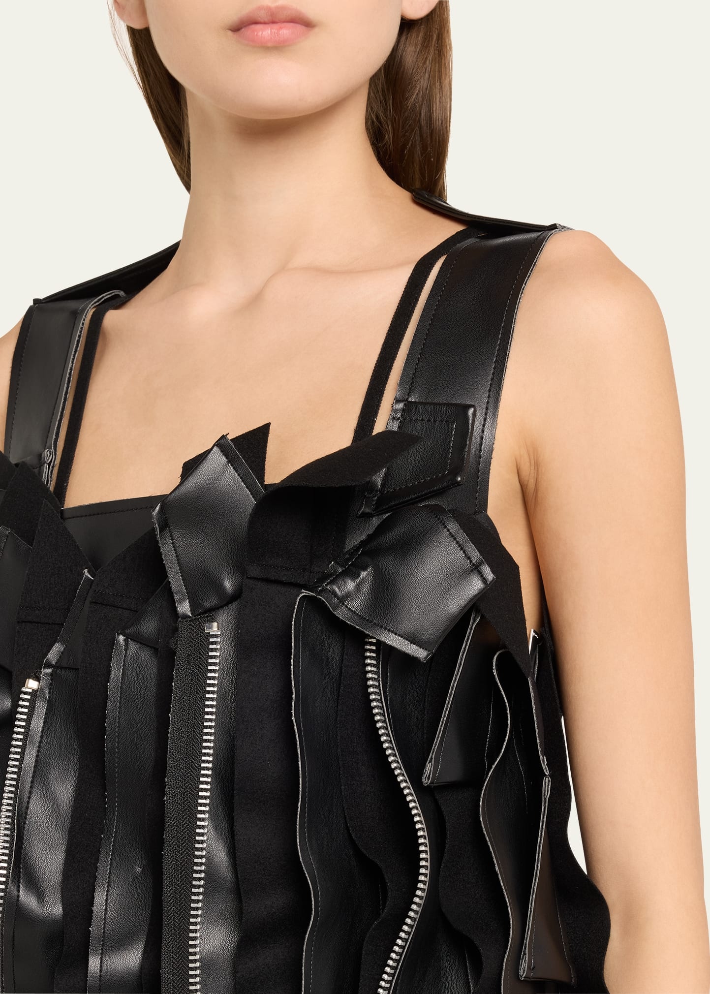 Pleated Faux Leather Wool Panel Zippered Dress - 5