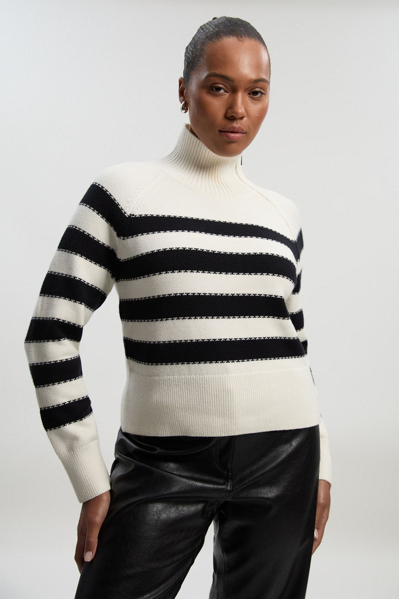 Plus Size Stripe Zip Through Funnel Neck Knit Jumper 1