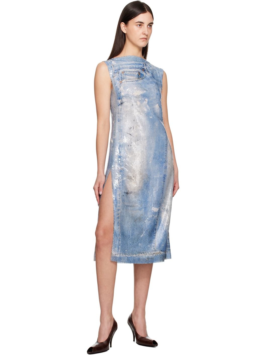 Blue Printed Sequin Midi Dress - 4