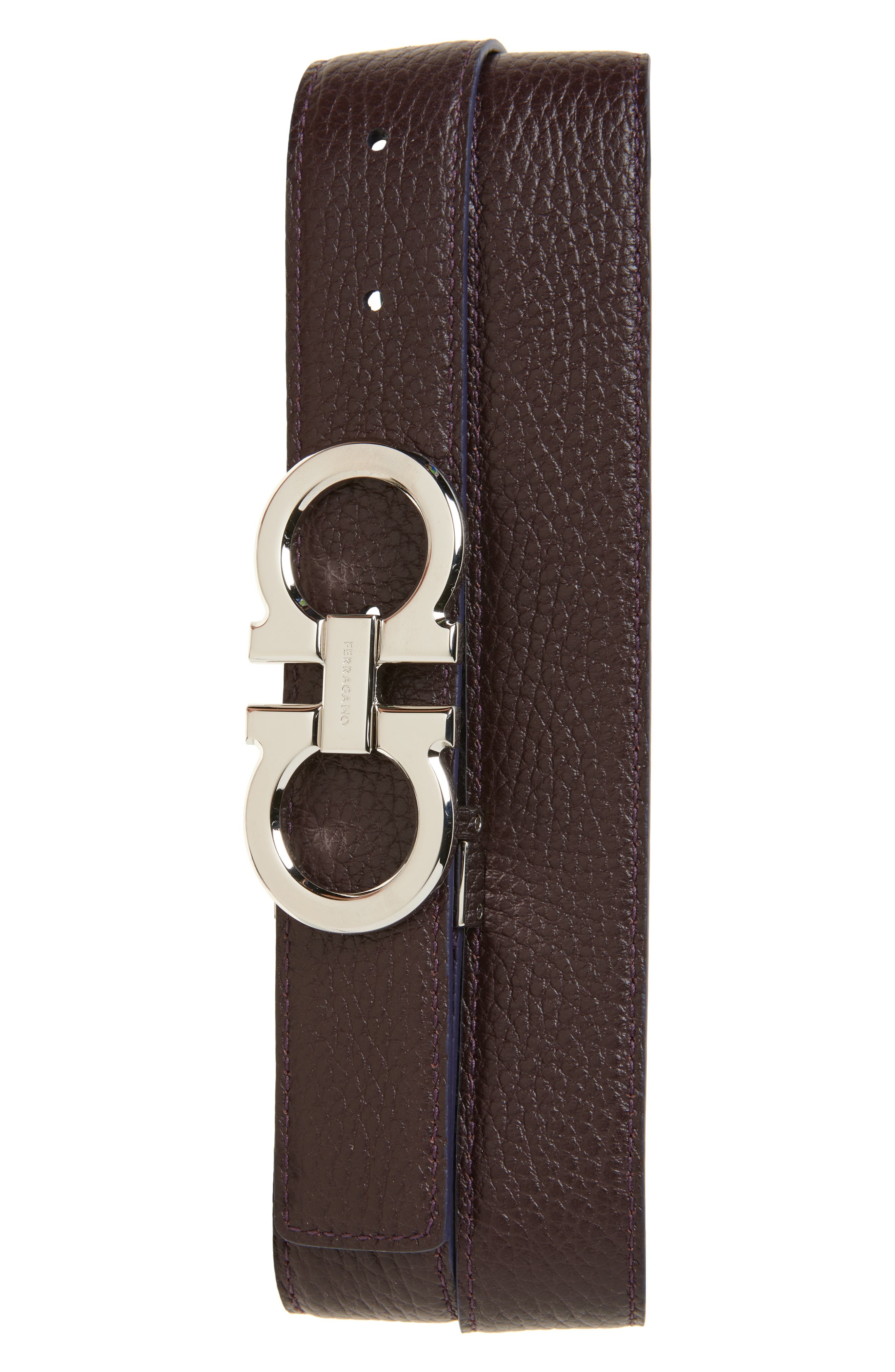 FERRAGAMO Reversible Double Gancio Leather Belt in Midnight Oxblood at Nordstrom - 2