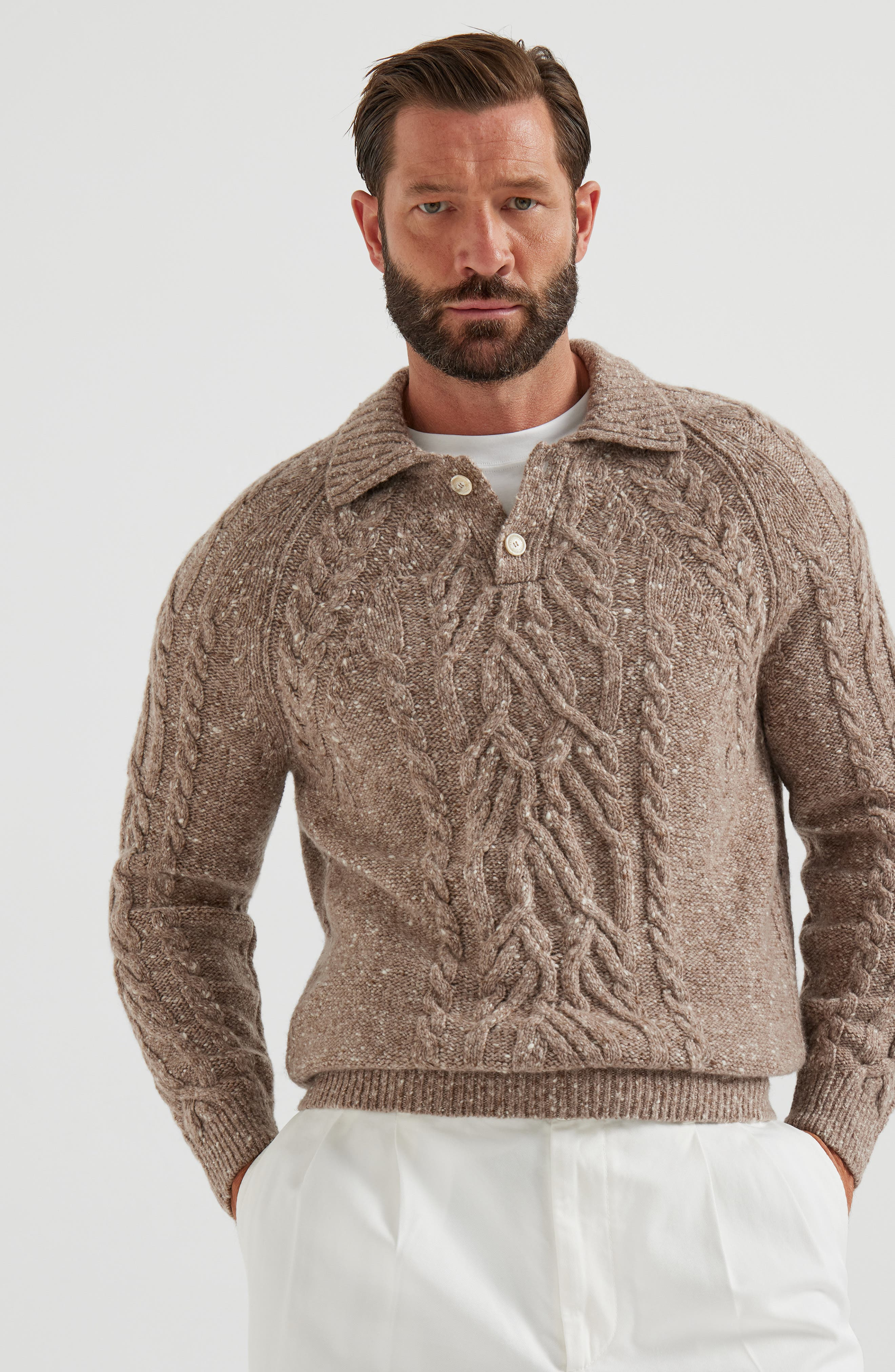 Brunello Cucinelli Cable knit polo shirt in Hazelnut at Nordstrom - 2