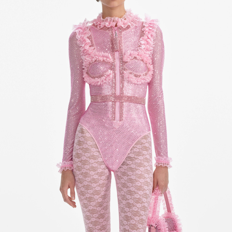 Pink Rhinestone Mesh Ruffle Bodysuit 4