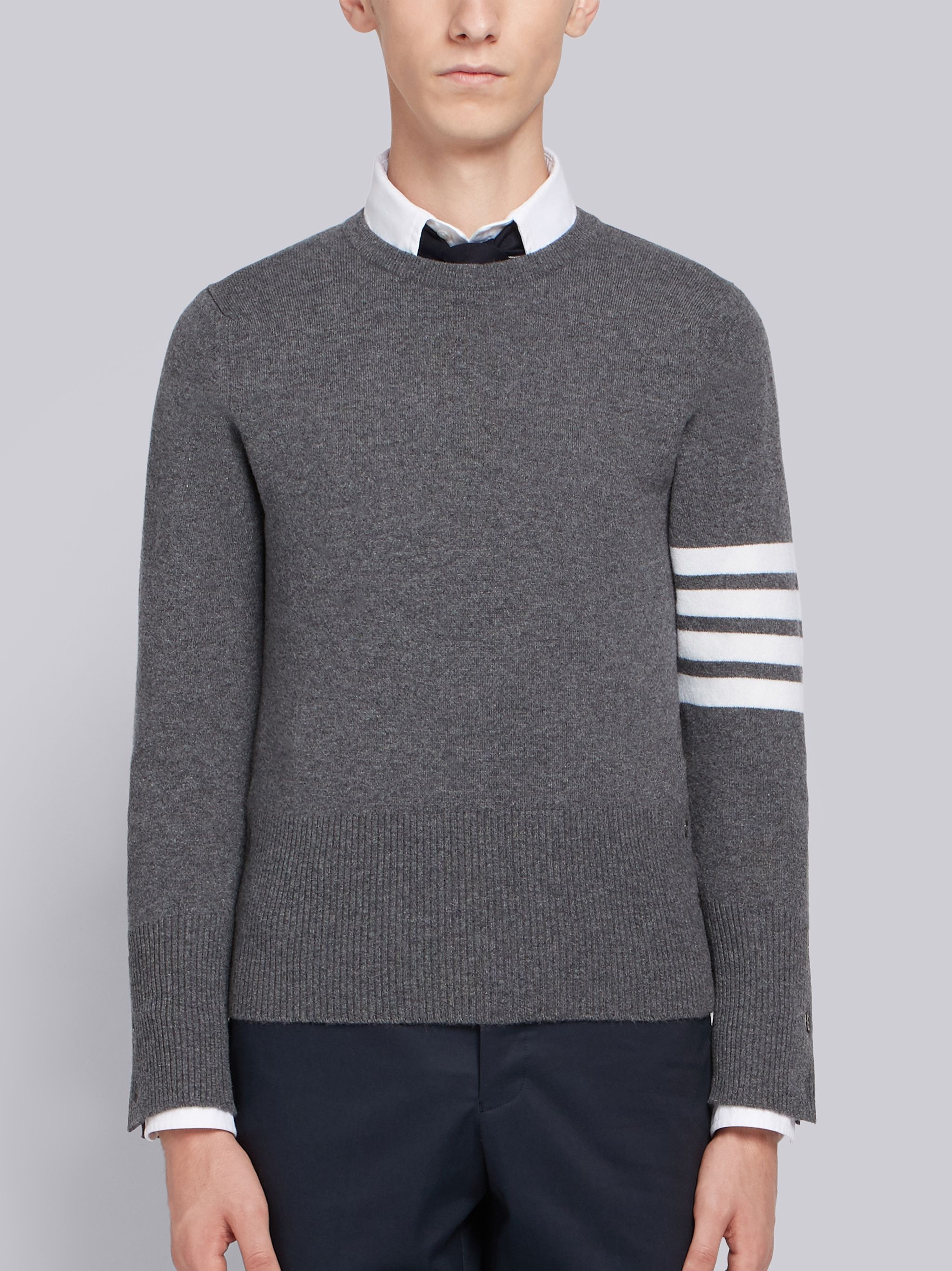 Medium Grey Cashmere 4-bar Crew Neck Pullover - 1