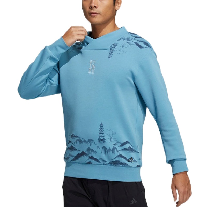 Men's adidas Wj Story Swt Martial Arts Series Ink Printing V Sports Pullover Blue H39288 - 3